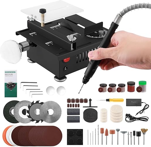 ZUSKYZU Mini Table Saw, Mini Table Saw for Crafts, Multi functional Portable Adjustable Cutting Sanding Engraving Drilling All in One Machine for Wood/PCB/Acrylic/Plastic