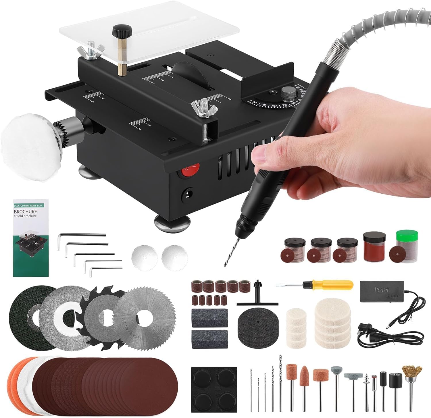 ZUSKYZU Mini Table Saw, Mini Table Saw for Crafts, Multi functional Portable Adjustable Cutting Sanding Engraving Drilling All in One Machine for Wood/PCB/Acrylic/Plastic