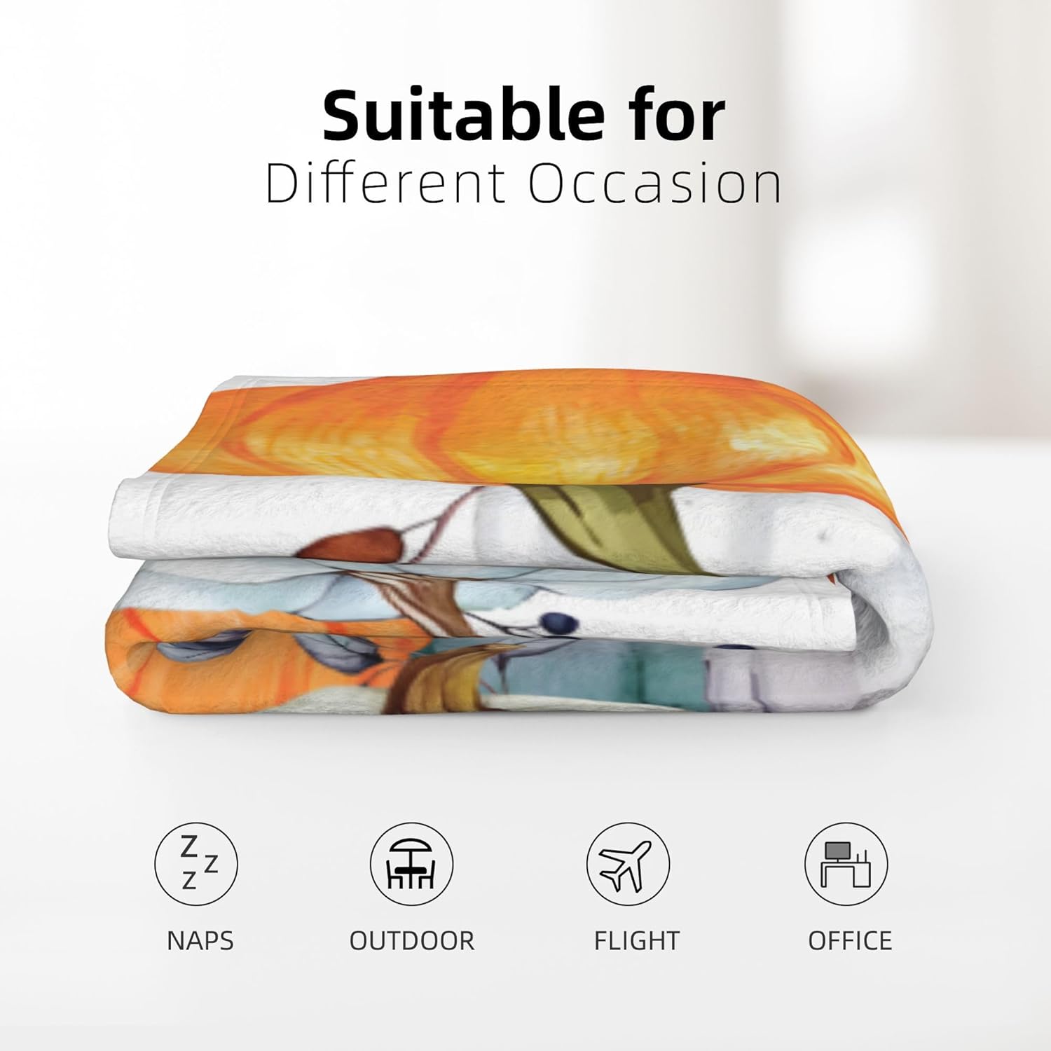 Pumpkin Flannel Throw Blanket - Fall Thanksgiving Watercolor Autumn Pumpkins Terracotta Eucalyptus Leaves Decorations - Bed, Sofa, Couch, Travel - 40"x50" - Image 5