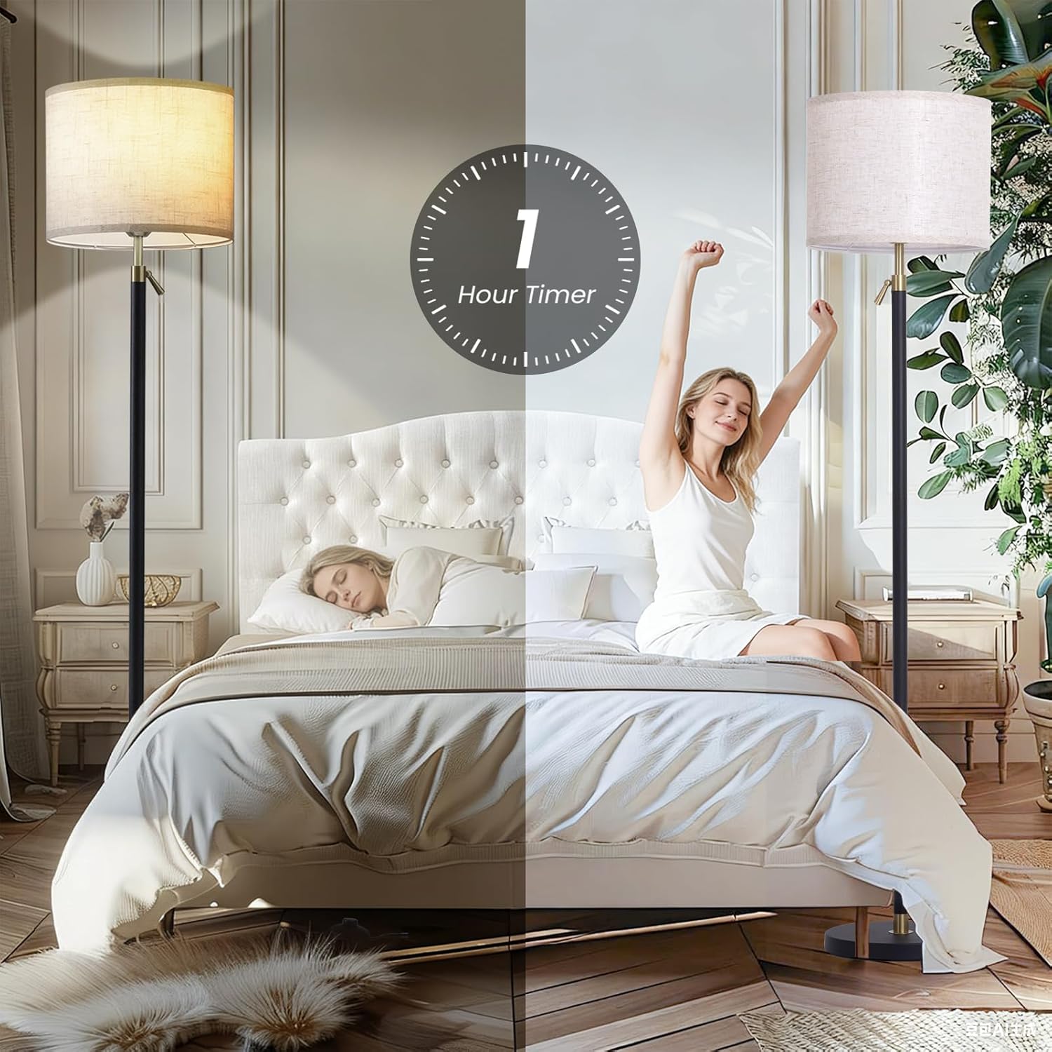 Modern Floor Lamp Tall for Living Room and Bedroom Decor, Gold Black Bright Standing Lamps with Dimmable LED Bulb and Remote, Height Adjustable Stand Light for Corner and Office Lighting