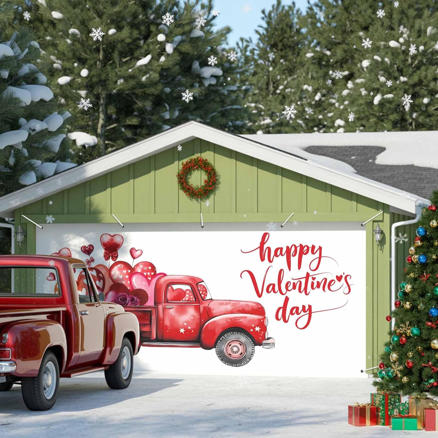 Valentine Garage Door Cover 7x8Ft Garage Door Banner Cover, Pink Red Love Heart Truck Watercolor Garage Door Decorations Backdrop for Christmas Holiday Garage Door Covers