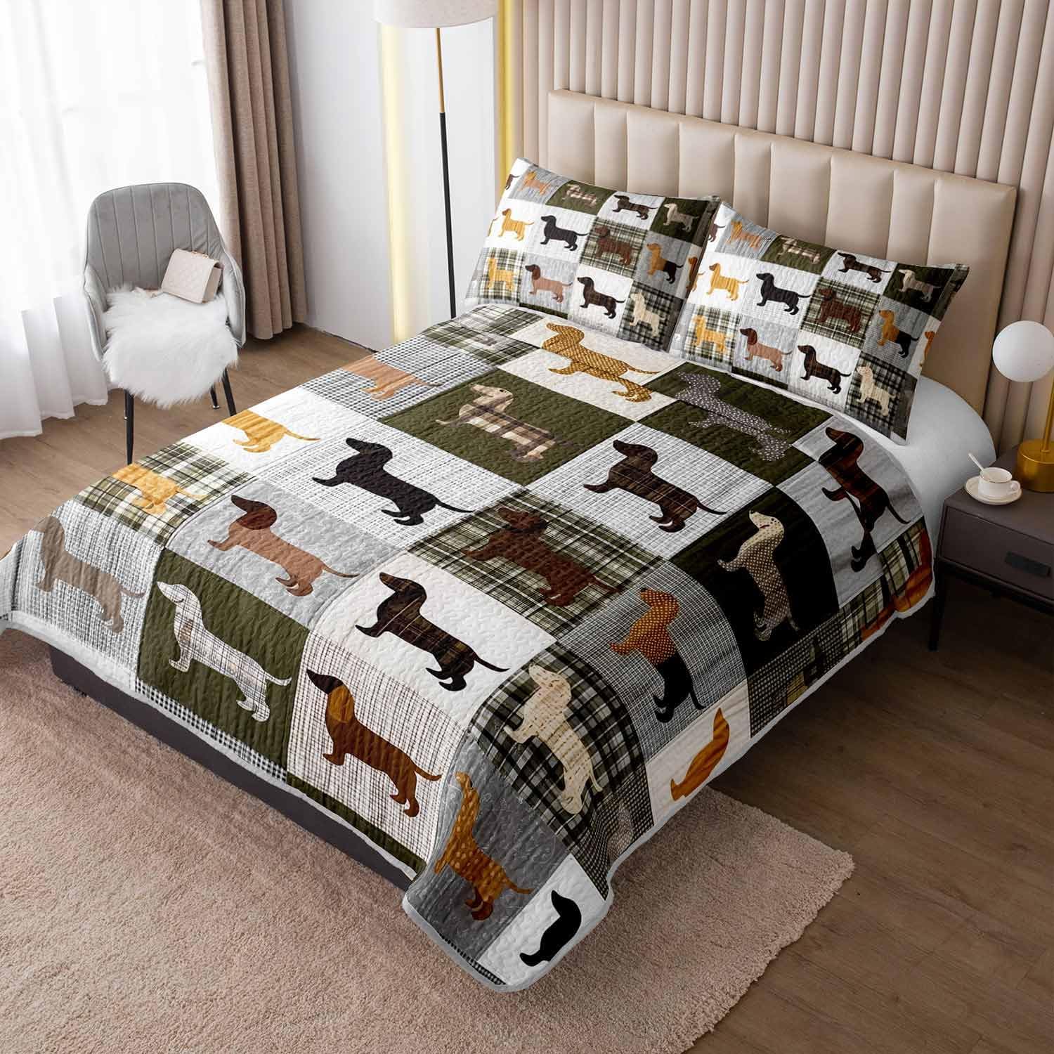 Colorful Dachshund Dogs Quilts Bedding King 3Pcs Wildlife Pet Puppy Quilt Bed Set Patchwork Grid Lightweight Soft Bedspread Coverlet with 2 Pillowcases for Kid Boy Girl Teen Adult Bed Decor