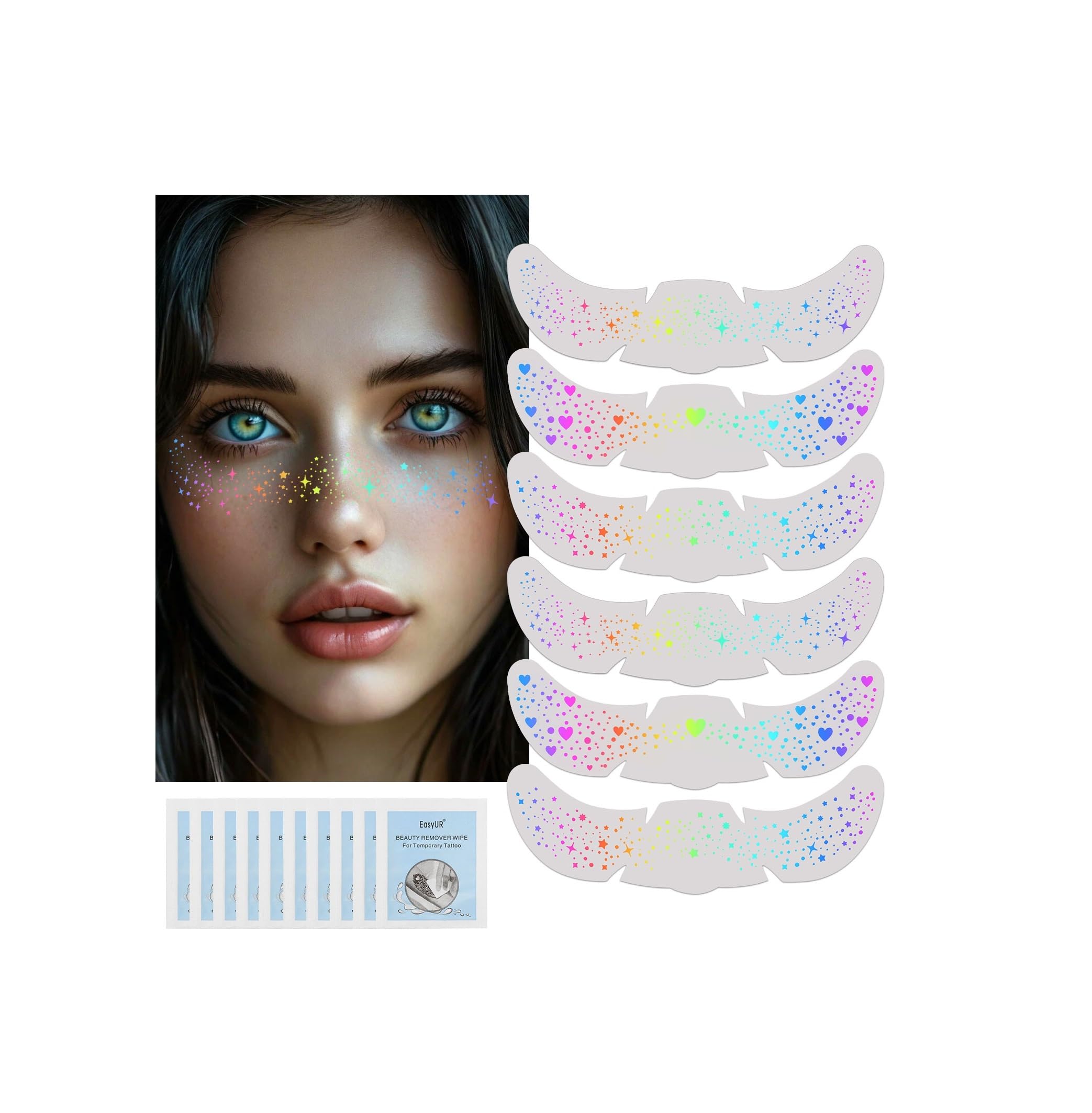 Photo 1 of 18pcs Holographic Multicolor Glitter Freckles Face Tattoo Waterproof Sparkle Freckle Temporary Tattoo Rainbow Pride Makeup Face Glitter Pride Face Stickers Rave Accessories for Women