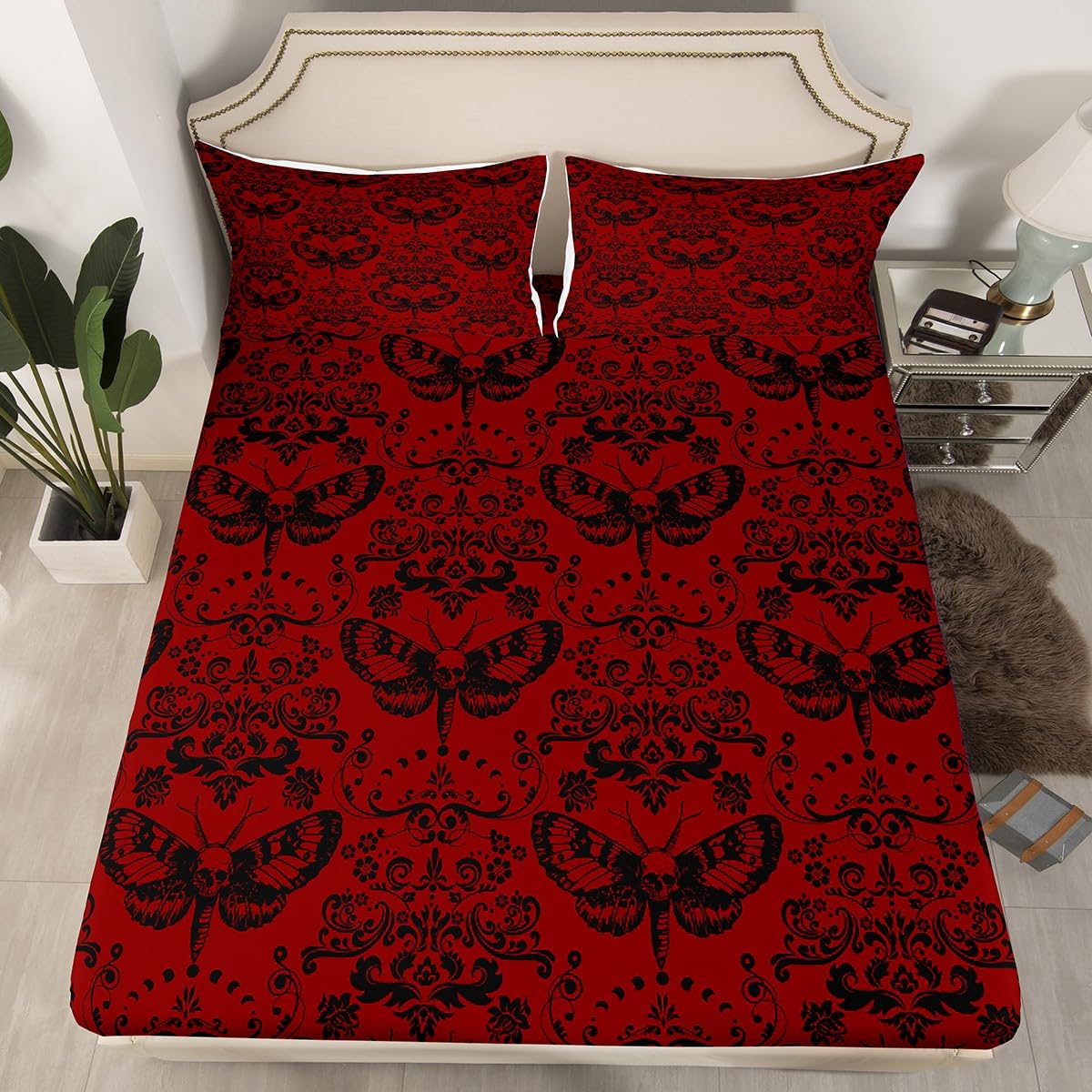 Halloween Skull Moth Kids Fitted Sheet Twin Size,Skeleton Gothic Baroque Flower Bedding Set,Girls Boys Room Decor,Vintage Dead Butterfly Red Black Retro Bed Sheet,1 Pillowcase(No Flat)