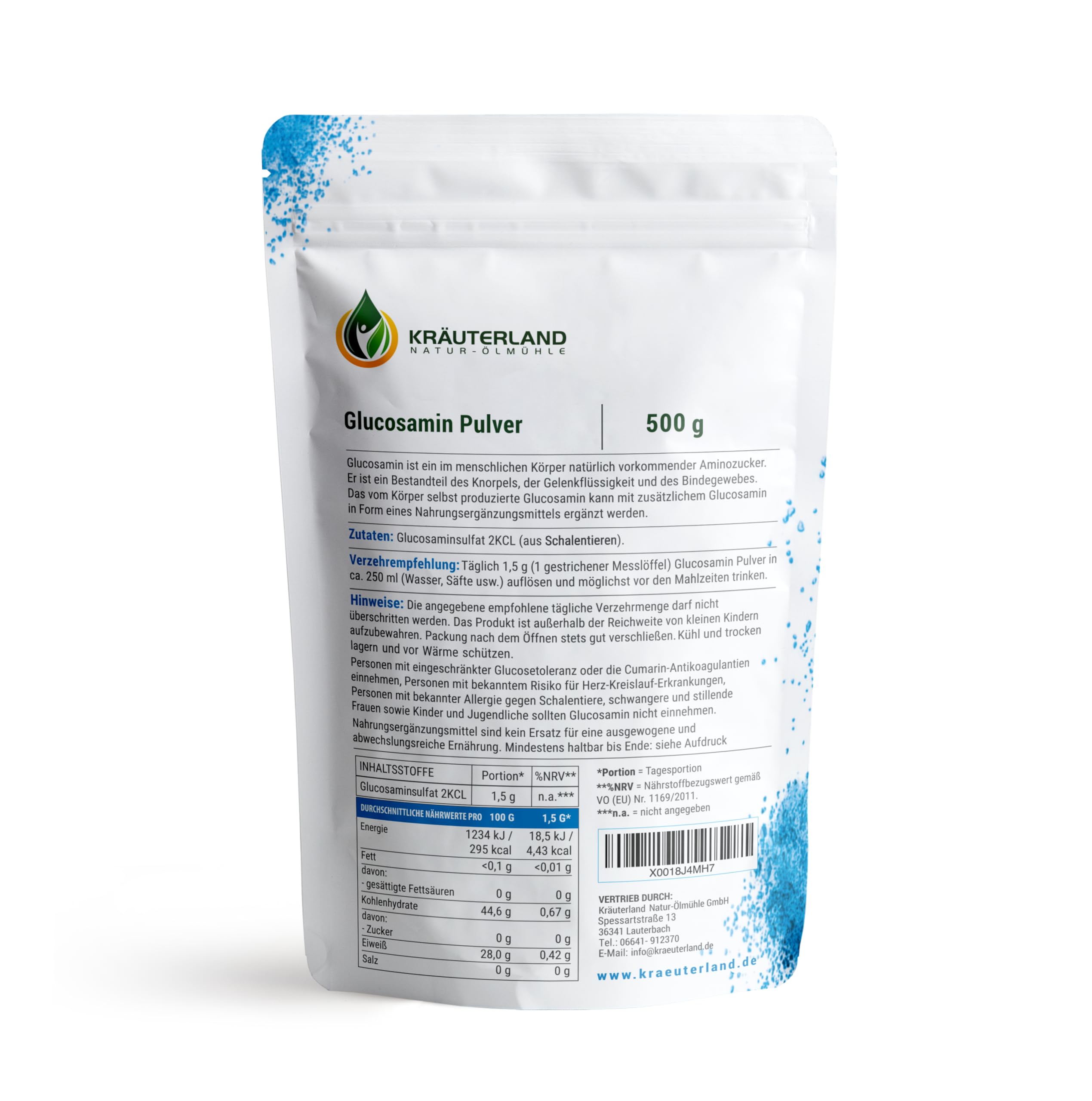 Kräuterland Glucosamin Pulver 1kg - 2x 500g hochrein und hochdosiert - 100% reines Glucosaminsulfat Pulver in Premuim Qualität