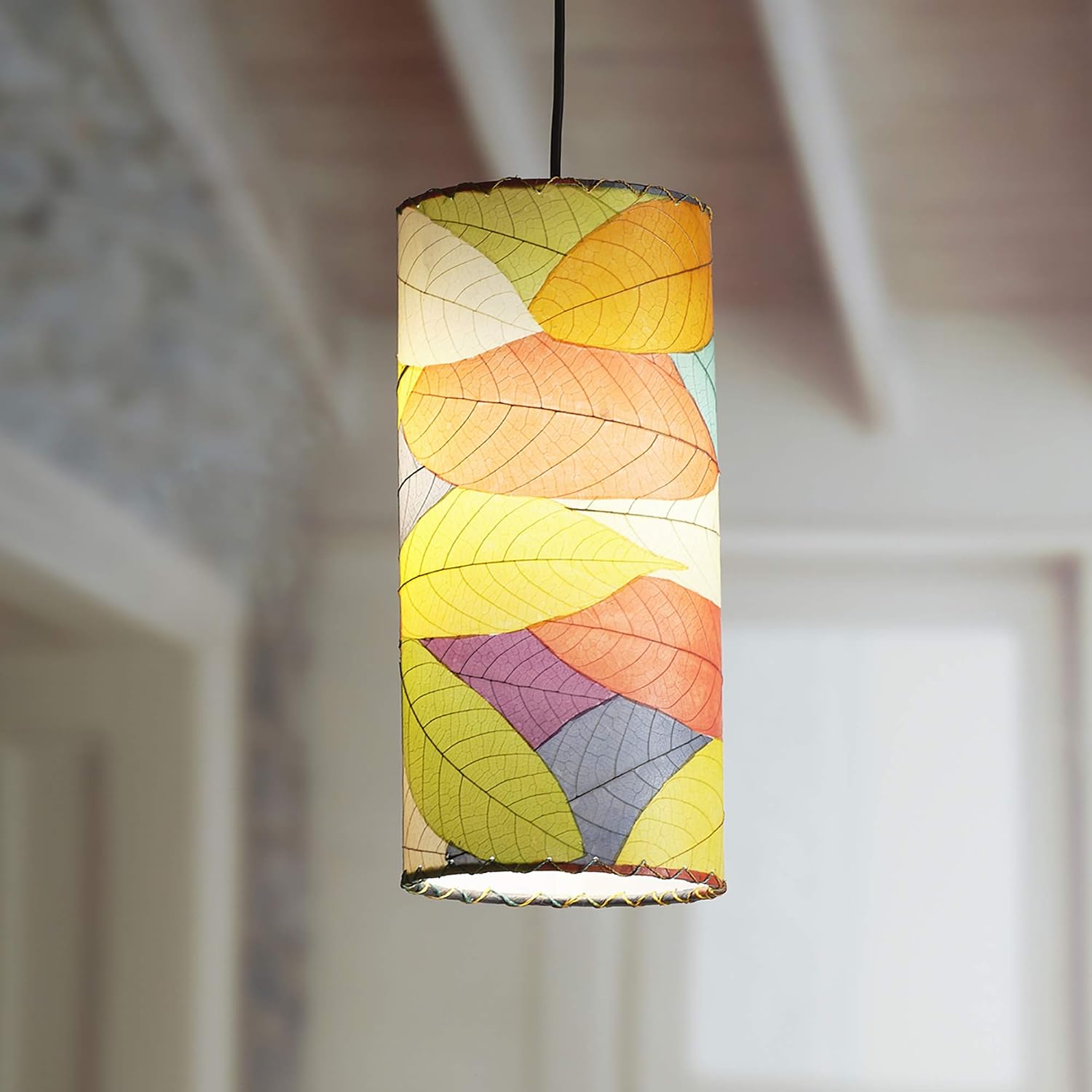 Eangee Home Design Cylinder Pendant Multi Shade Made of Real Cocoa Leaves 7 Inches Length x 7 Inches Width x 17 Inches Height (504 m)