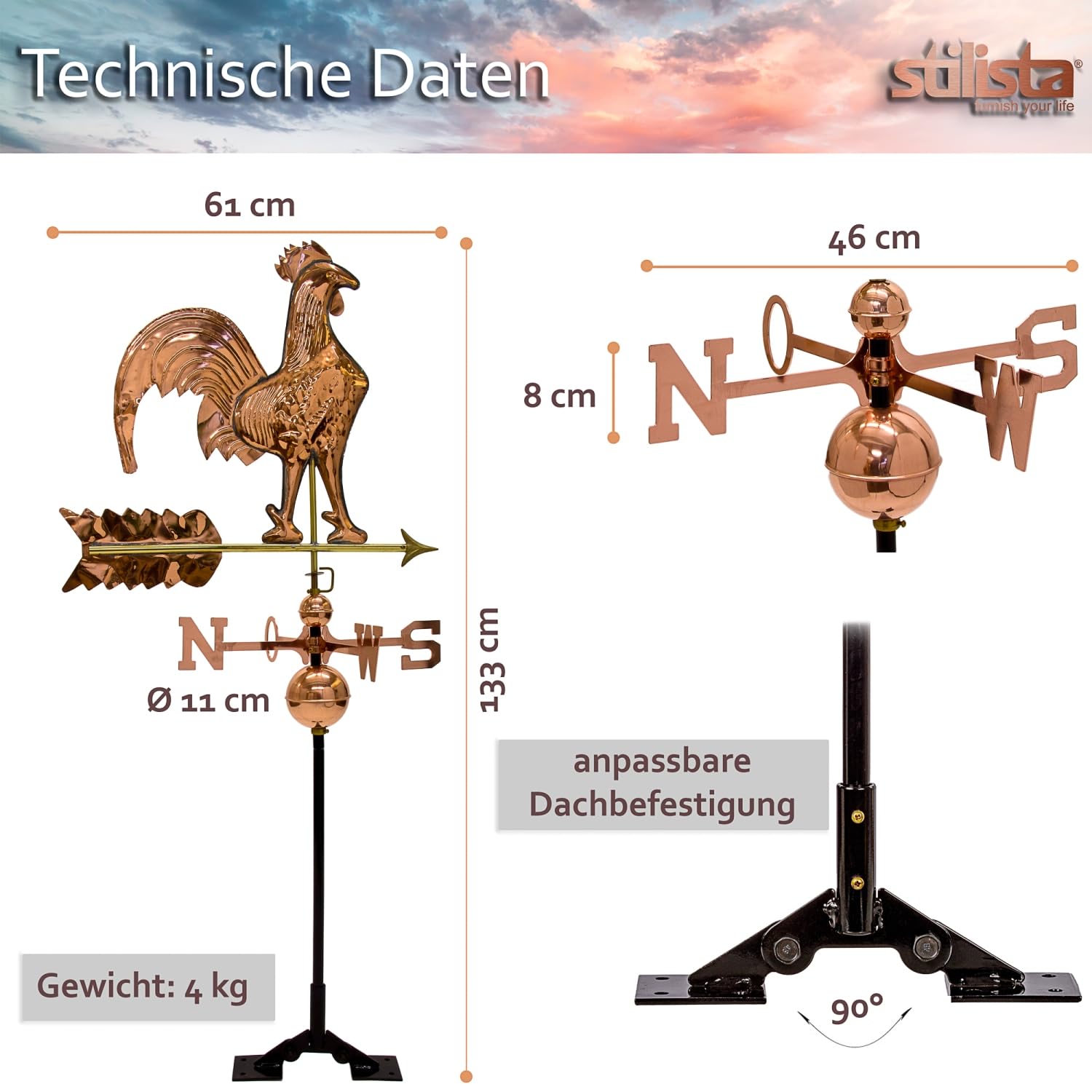 STILISTA Wunderschöner großer 3D Relief Wetterhahn aus Kupfer mit Fuß Wetterfahne Gesamthöhe 133cm, Gewicht 4kg