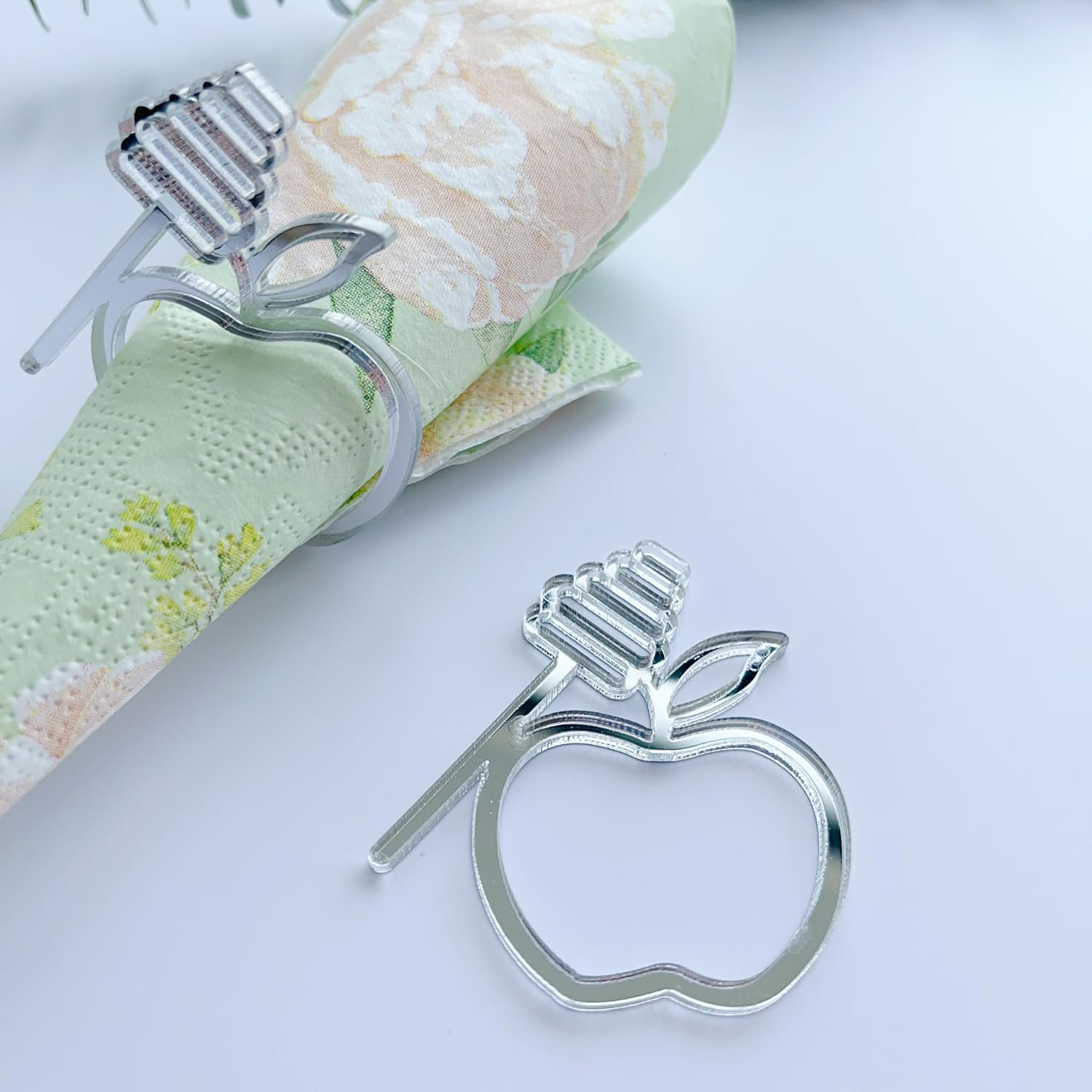 Honey & Apple Pack of 12 Acrylic Napkin Ring Holder, Rosh Hashanah Jewish (Mirror Gold)