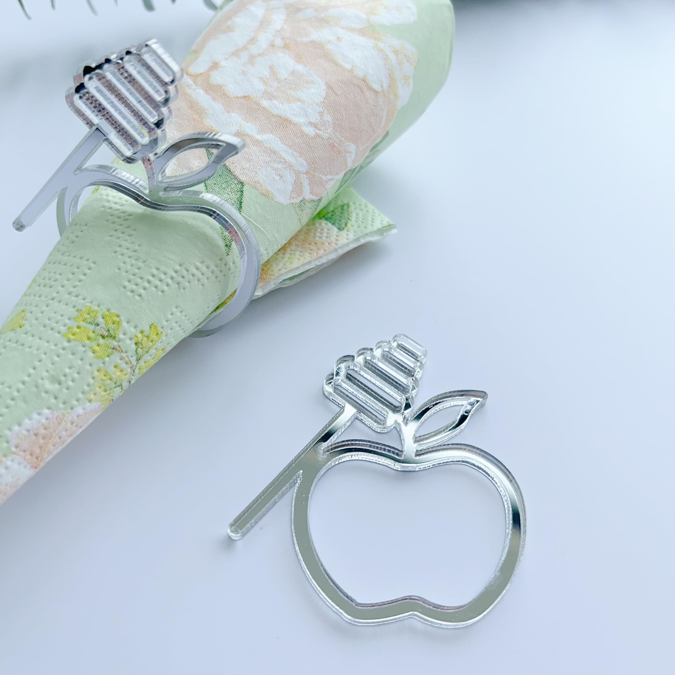 Honey & Apple Pack of 12 Acrylic Napkin Ring Holder, Rosh Hashanah Jewish (Mirror Gold)