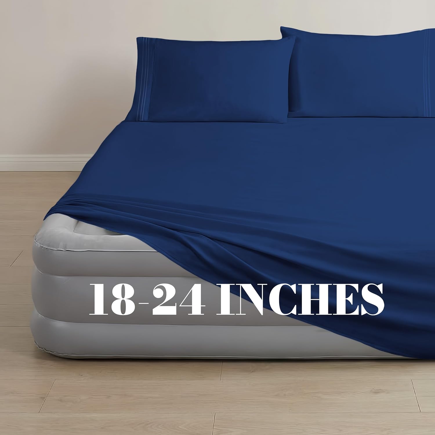 Mocassi 4-Piece Extra Deep Pocket 16-24 Inch Air Mattress Bed Sheet Set- 4PC Sheet Set with Smart Pockets Ideal for Air Beds, RVs, Camping and Guest Rooms Premium Hotel Quality, Queen, Navy Blue
