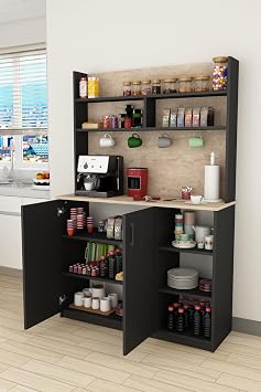 ASRA TREND Koyu Gri - Sidon Meşe Desen KAHVE02 Geniş Kahve Köşesi 120x180 cm Çok Amaçlı Mutfak Dolabı Fincan Rafı Kapaklı Kiler Depolama Ünitesi%100 MDFLAM