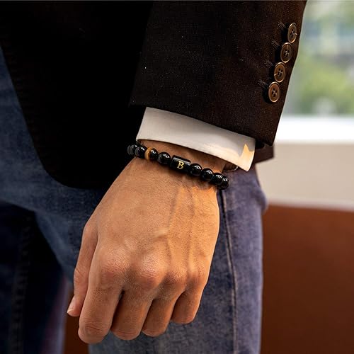 Miniatura 7 de FRG Initials Bracelets for Men Letter Link Handmade Natural Black Onyx Tiger Eye Stone Beads Braided Rope Meaningful Bracelet