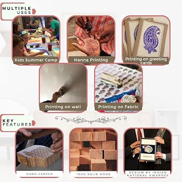Wooden Stamps for Block Printing - Floral Wooden Stamps for Card Making Scrapbooking and Crafts | Set of 5 | Hashcart