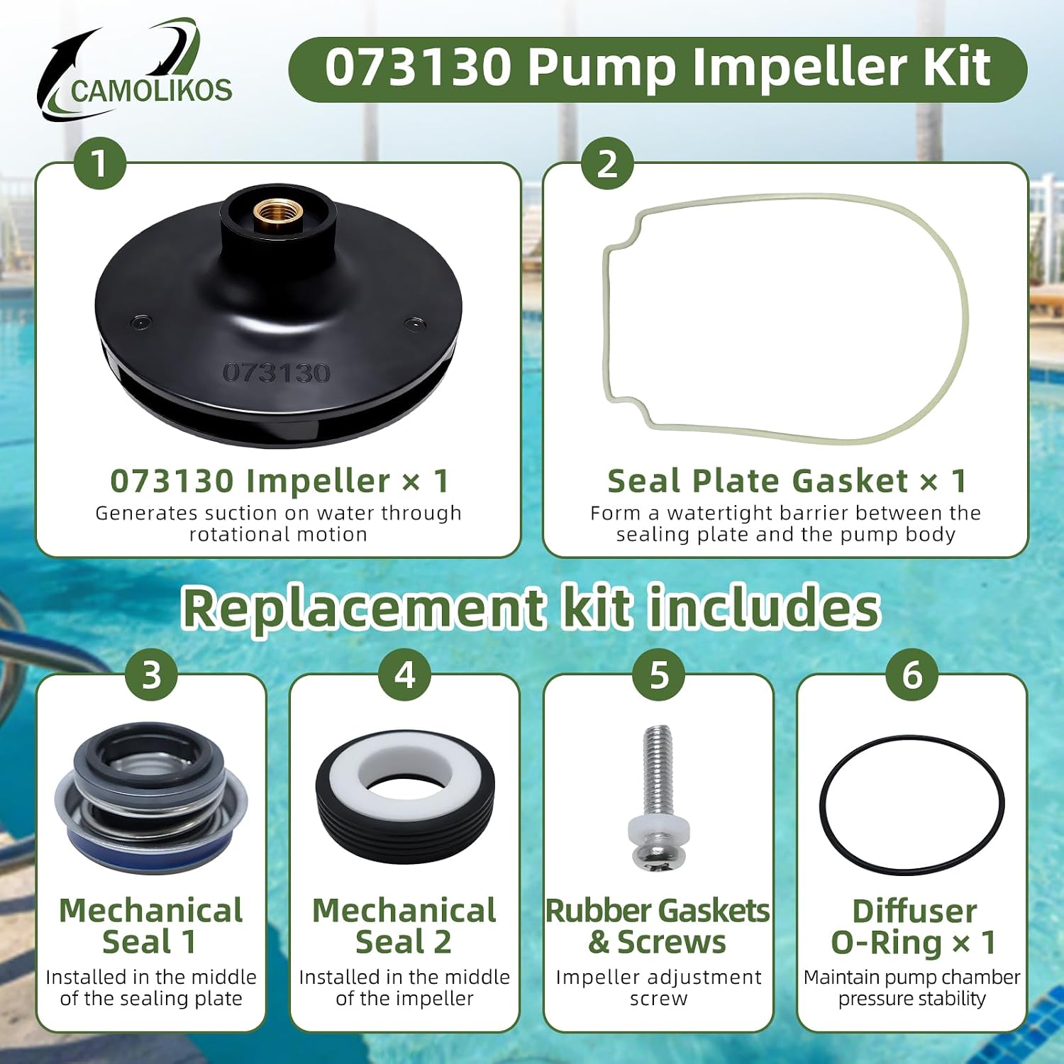 073130 Pump Impeller Kit Fits for Pentair WhisperFlo 2 HP 1000 Series in-Ground Pool and Spa Pumps 073130 Replaces WFE-8, WF-8, WFE-30, WFDS-8, WFDS-30