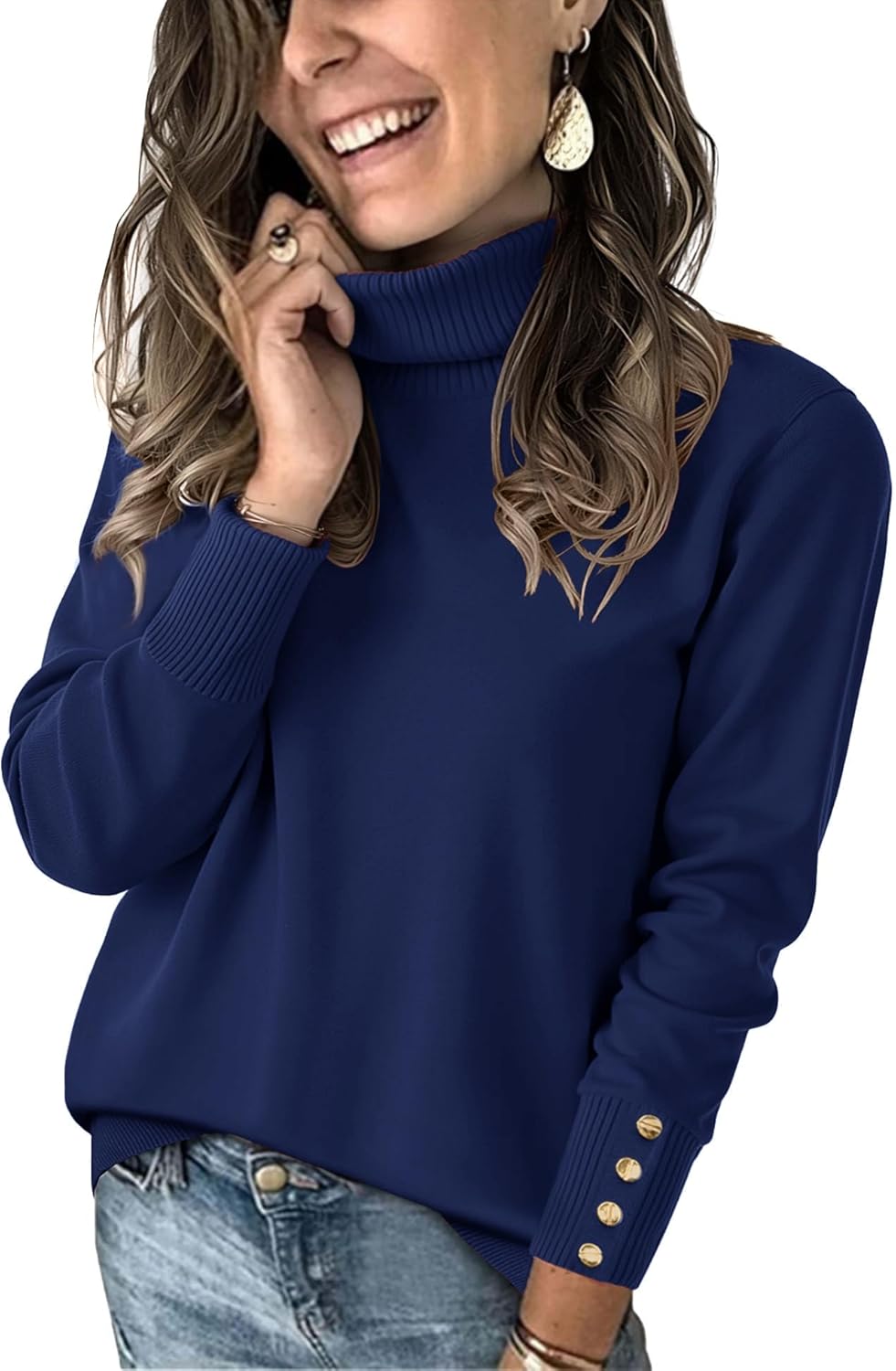 Rapbin Turtleneck Sweaters for Women 2026 Fall Winter Long Sleeve Knit Pullover High Low Hem Sweater with Metal Buttons - Image 2