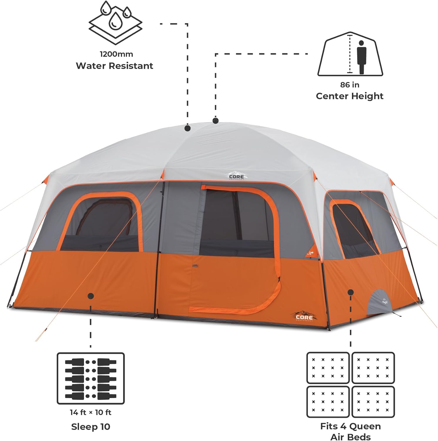CORE Tent for Family Camping | 10 Person / 11 Person / 12 Person Large Multi Room Cabin Tents for Car Camping & Outdoor Adventures