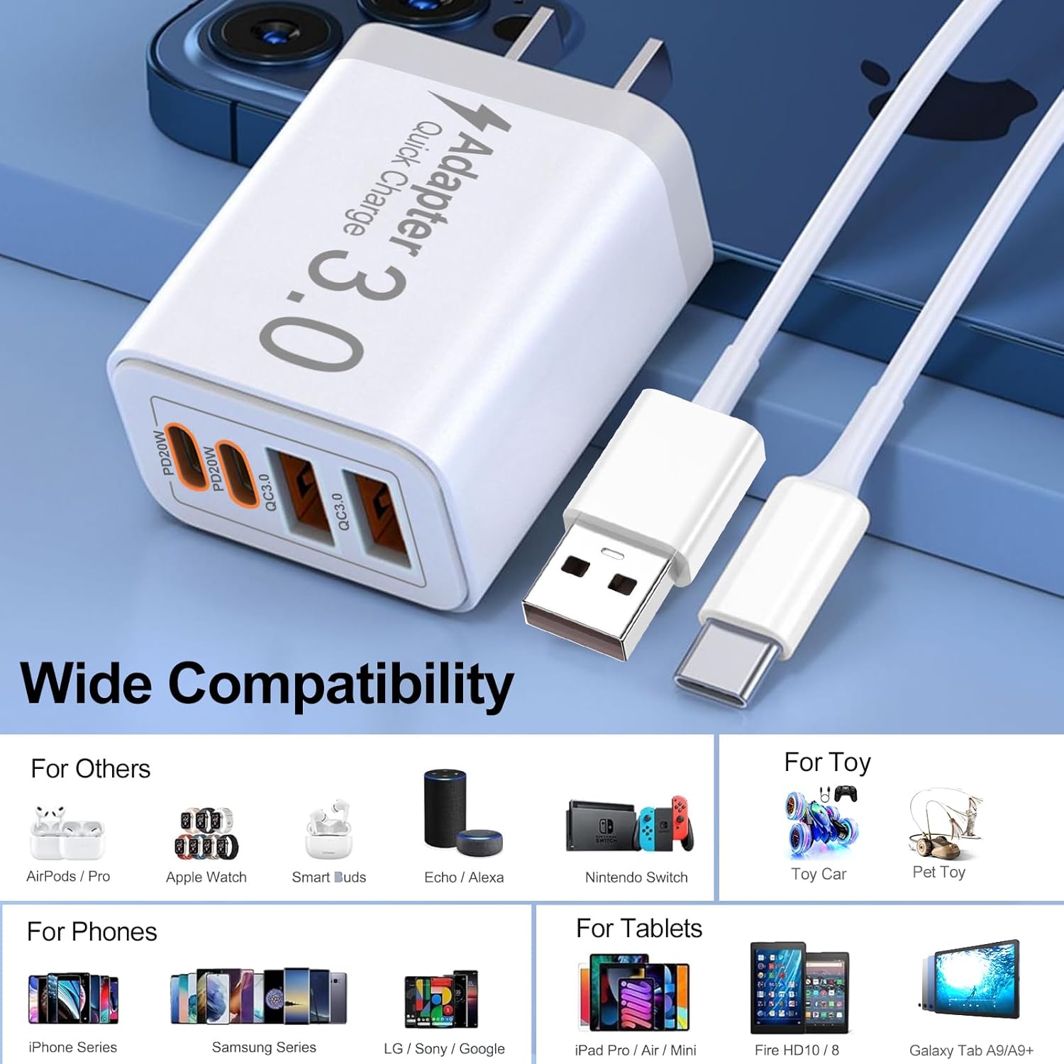 2-Pack 40W Fast Charger,2 Pack USB-C Fast Charging Cable,2 Pack Type C-C Fast Charging Cable,4-Port PD Power Adapter,QC Plug Multiport Charger for iPhone 16 15,iPad,AirPods,Watch,Samsung,and More image 6 of 7 B0D9NLQJ4K