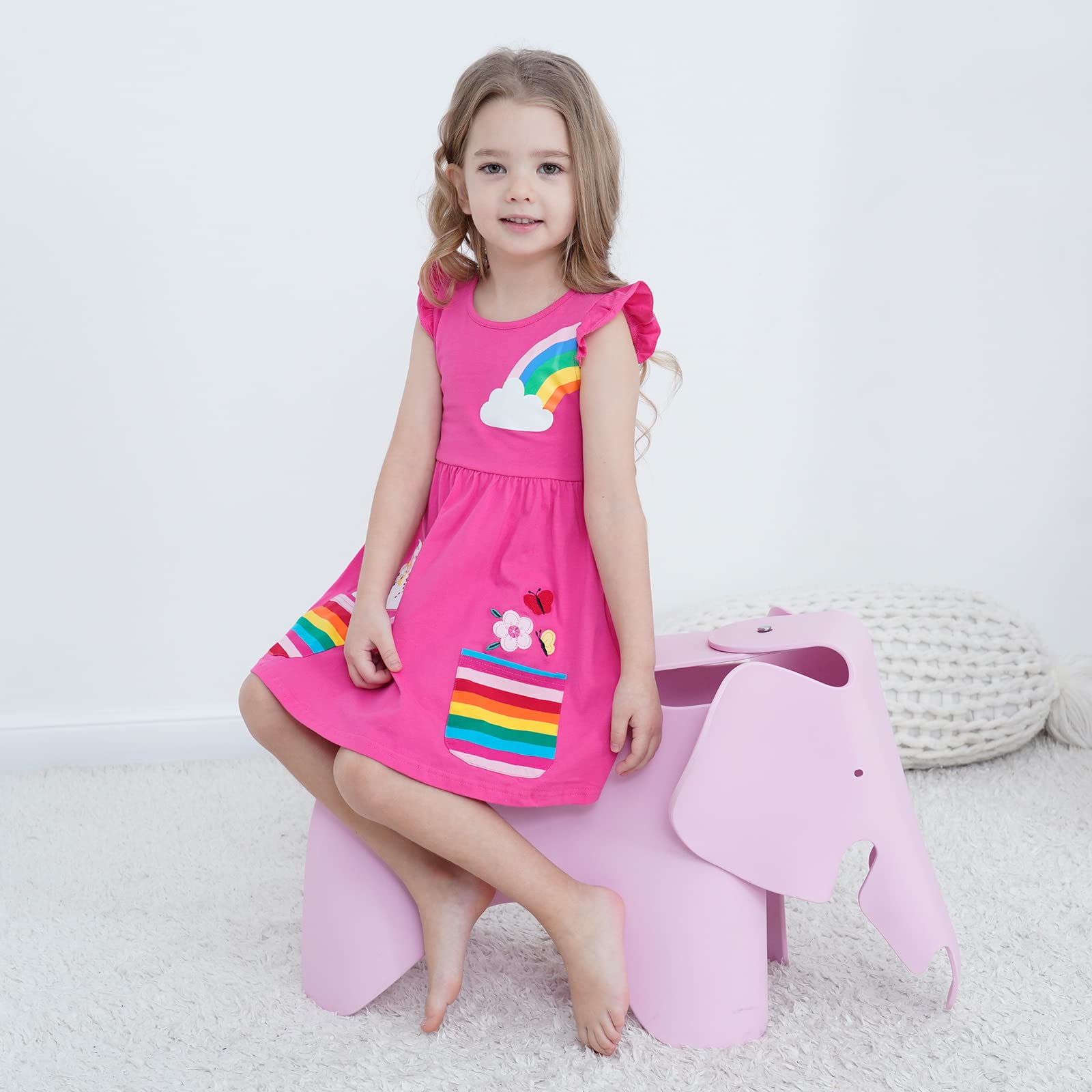SFreeBo Mädchen Kleider Einhorn Regenbogen Kleid Kinder Mädchen Geschenk Baumwolle Bunt Kleider für Mädchen 104 110 116 122 128