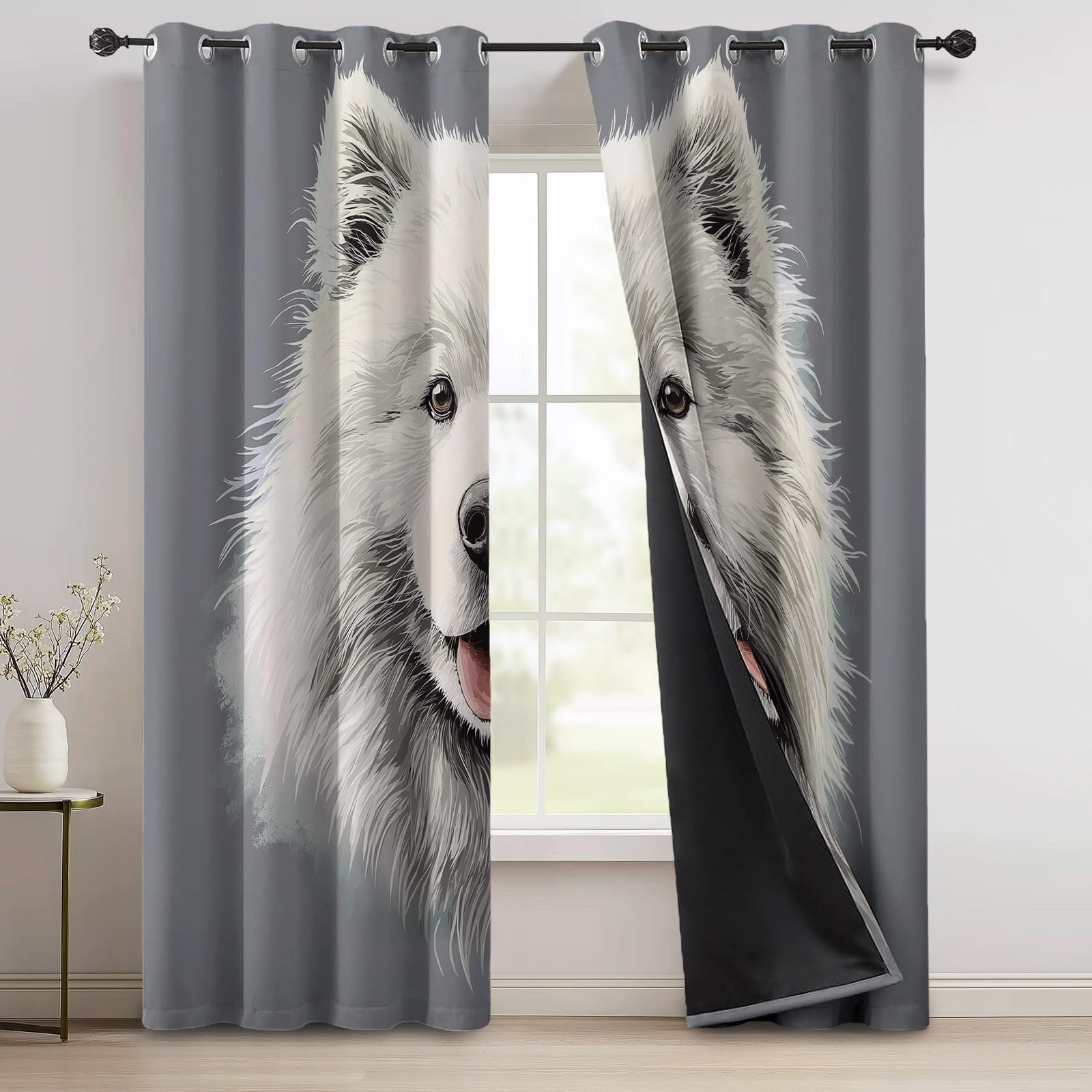 Tier Blickdichter Vorhang mit Ösen, Porträt Hund Gardinen Kälteschutz Verdunklungsvorhänge, Blickdichte Gardine für Wohnzimmer, 2er Set (Grau, H175 x B140 cm)