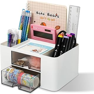 BALORIZ Desk Organiser, White, 7 Compartments, Plastic Table Organiser, Office Organiser with Drawer, Multifunctional Pen Holder, Desk Pen Holder for Pens, Office, Home, School