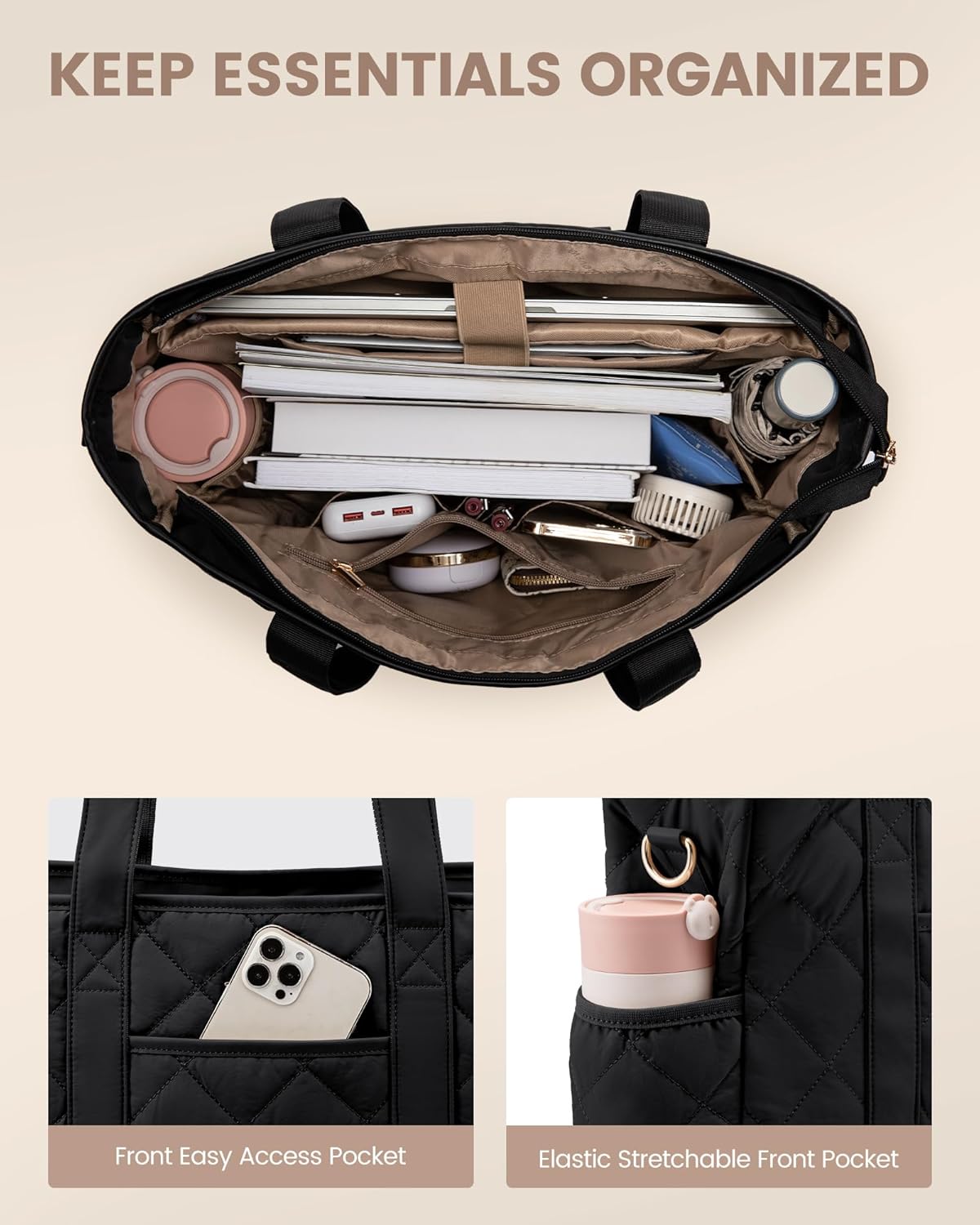 LOVEVOOK Tote Bag for Women, Puffer Work Tote Bag with Zipper, Quilted Nurse Teacher Shoulder for Daily,Travel,Gifts for Her - Image 4