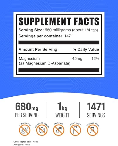Miniatura 2 de BulkSupplements. com Magnesio D-Aspartato en polvo Suplemento de magnesio, magnesio de alta absorción Sin gluten, 680 mg (49 mg de magnesio) por