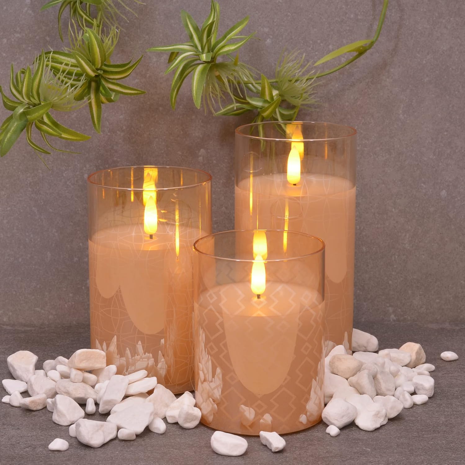 Mid Century Modern Flameless LED Glass Pillar Candles, Set of 3, 6 Inch, Metallic Rose Gold