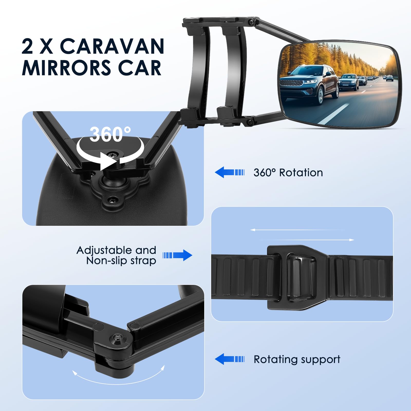 2 espejos para remolque de coche, espejos para caravana con correas para caravana, autocaravana y todos los vehículos comunes, espejos retrovisores exteriores para caravanas