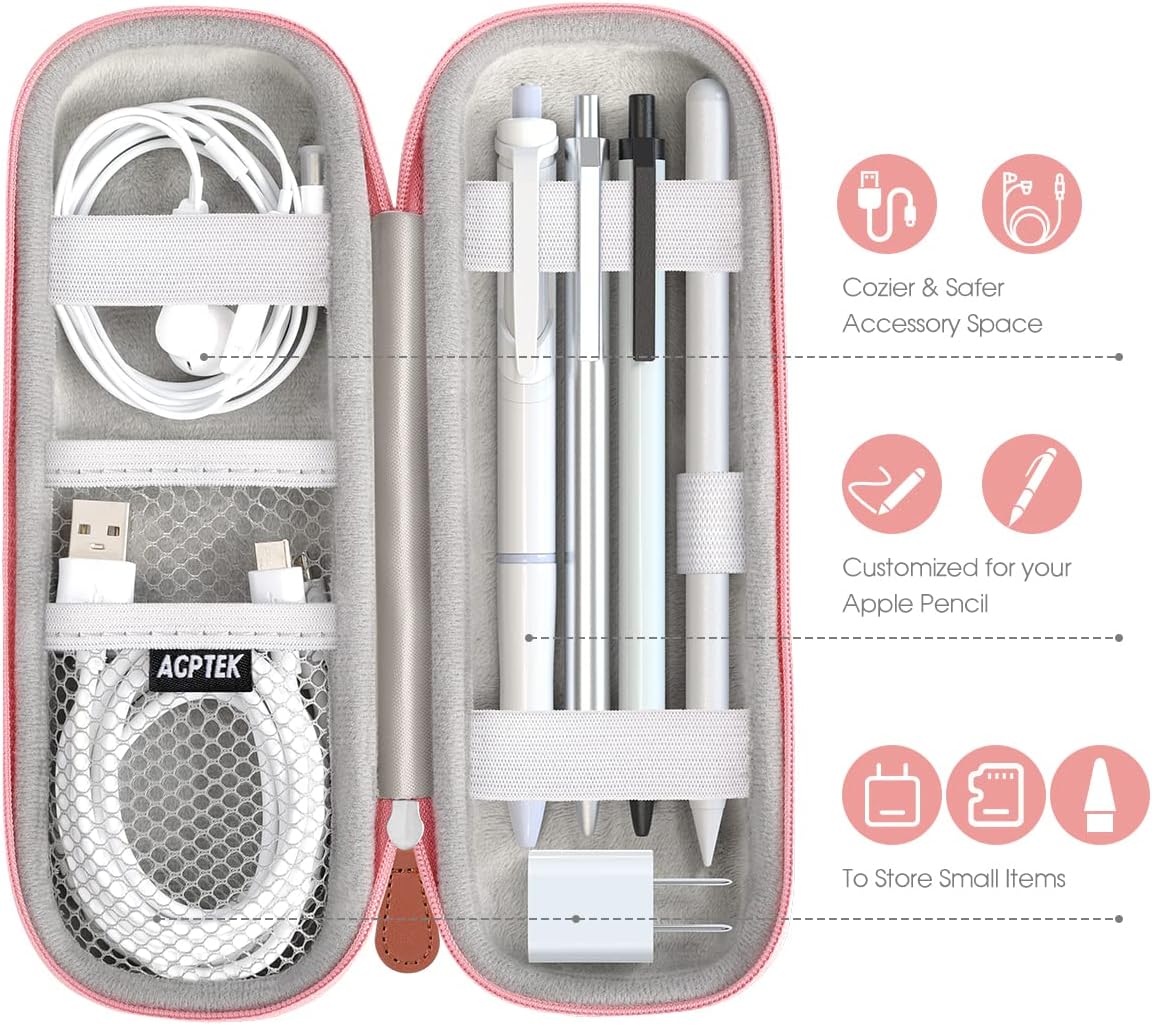 Case Holder for Apple Pencil, AGPTEK Elastic Strap Sleeve Pocket Protective Carrying Case for Samsung Stylus iPad Pro Pen, Pencil, Apple Pen Accessories, USB Cable, Pink