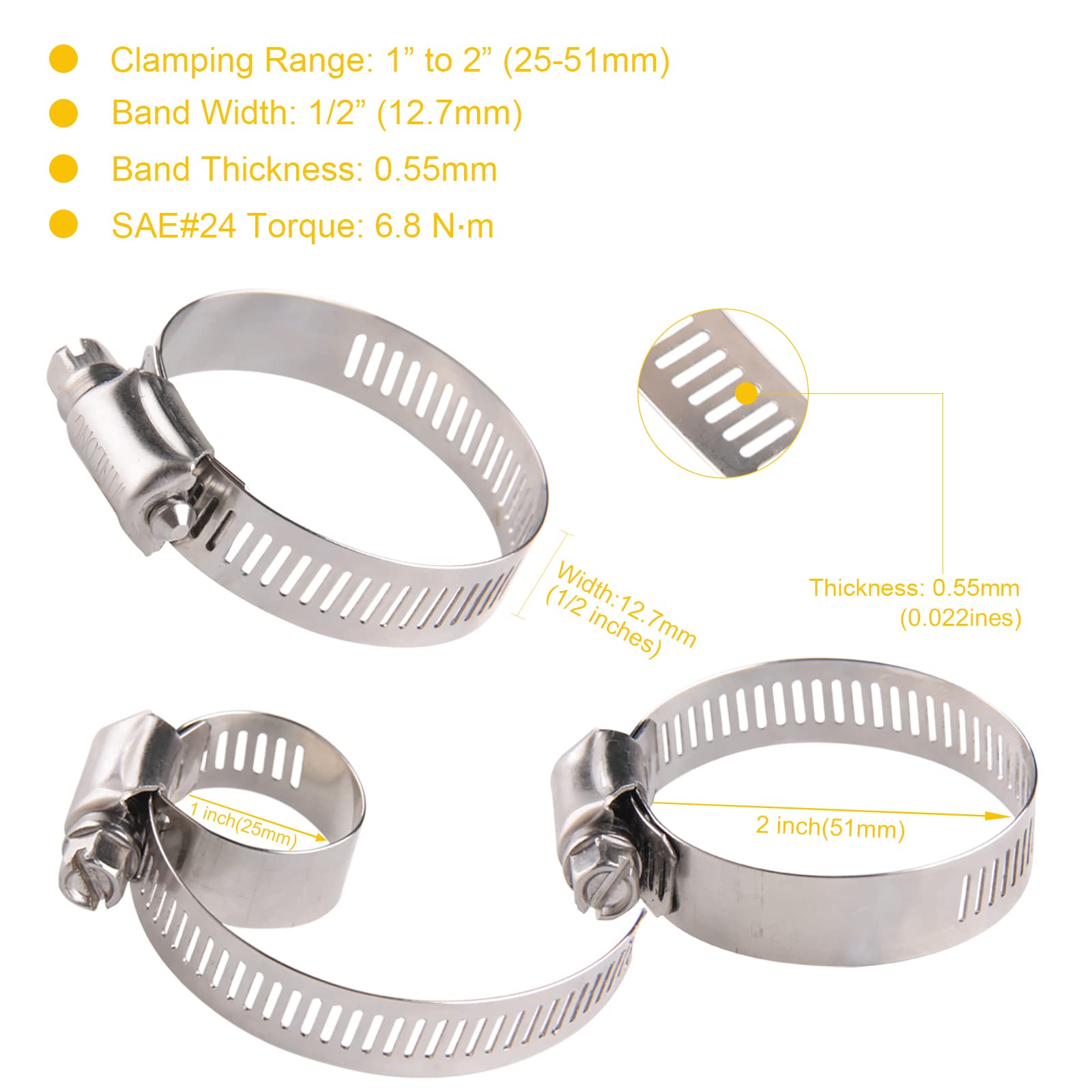 Winlong - Abrazaderas de manguera de acero inoxidable de 3,8 cm de engranaje helicoidal SAE 24 abrazaderas de manguera ajustables de 25 a 51 mm para plomería automotriz, abrazaderas de manguera de 3,8