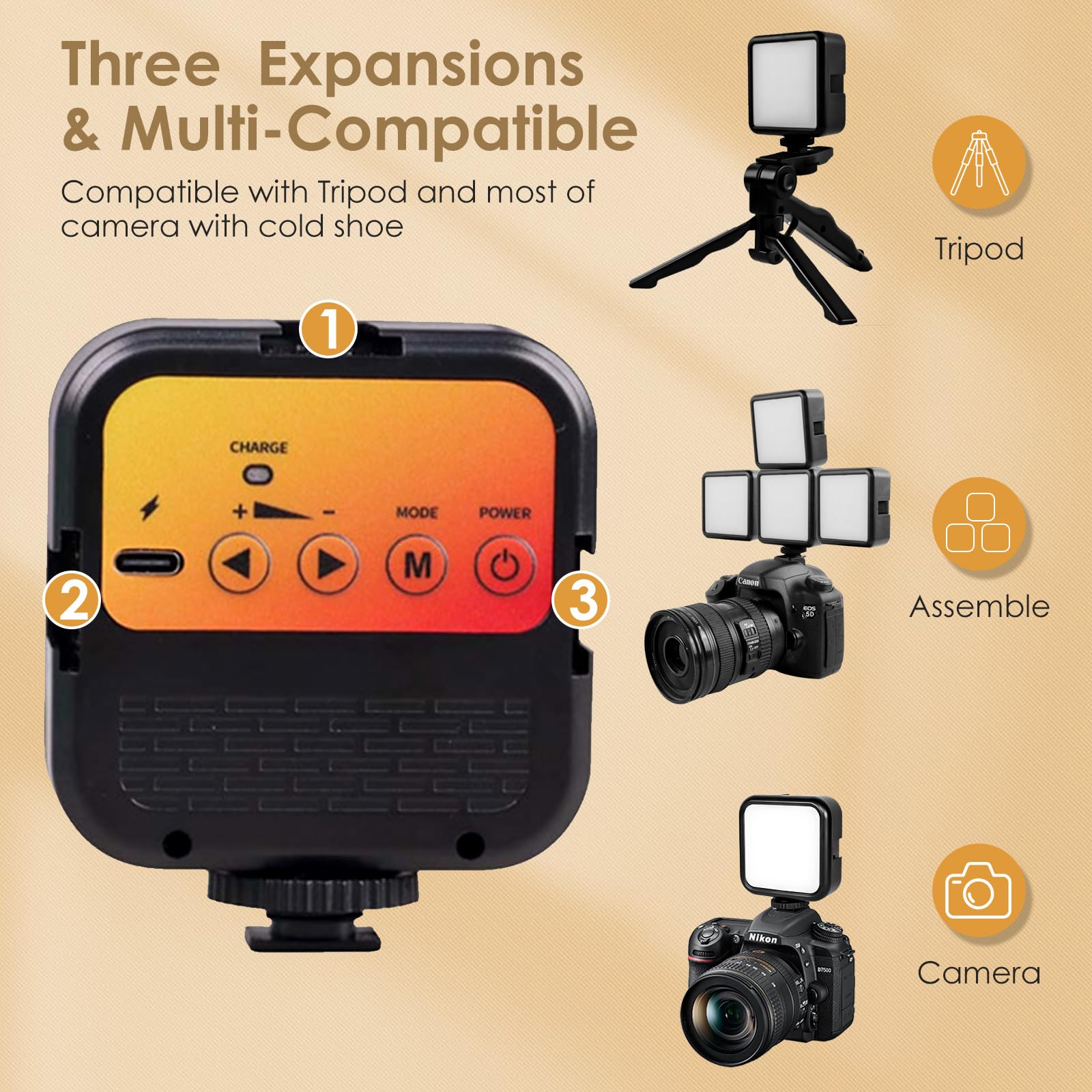 Journeyside Mini LED Videoleuchte,62 LED-Perlen mit 3 Inbegriffen Cold Shoe, Tragbare Kamera Licht 1200 mAh,Kamera Licht Klein 3000K-5500K mit 3 Lichteffekte für Aufnahmen, Live-Streaming