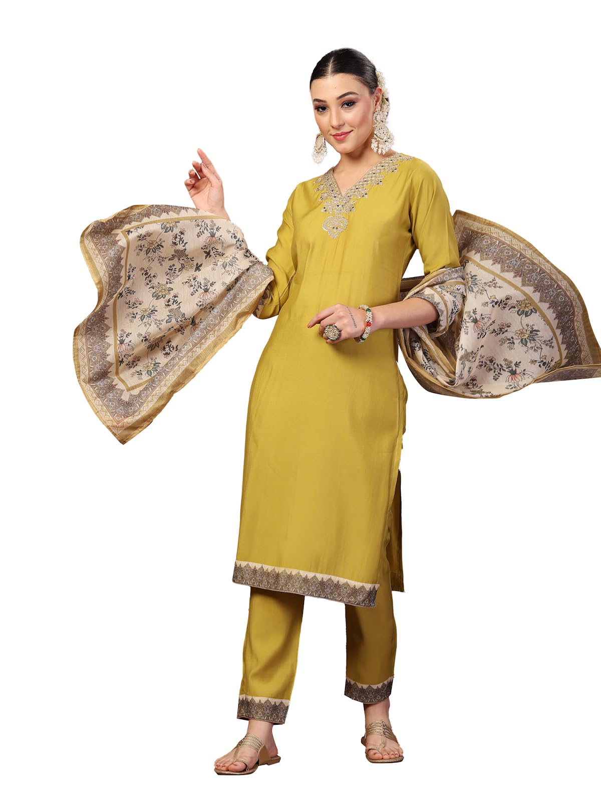 Stylum Women's Mustard Solid & Embroidered Silk Straight Kurta Pant Dupatta Set