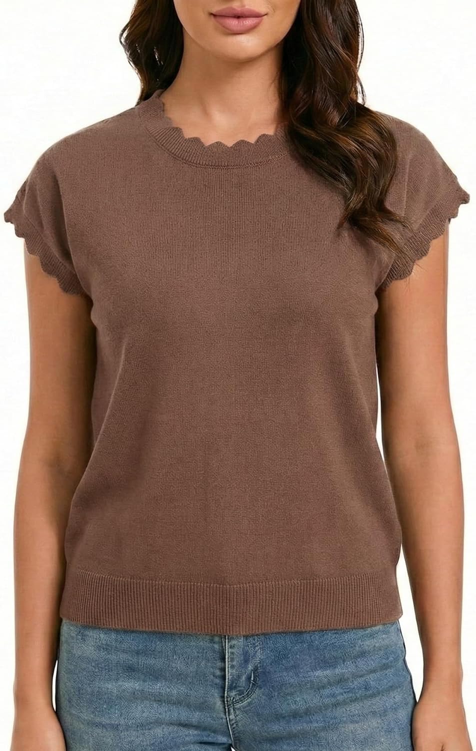 Women Summer Sweater Cap Sleeve Lightweight Pullover Soft Knit Top with Scallop Wavy - Image 3