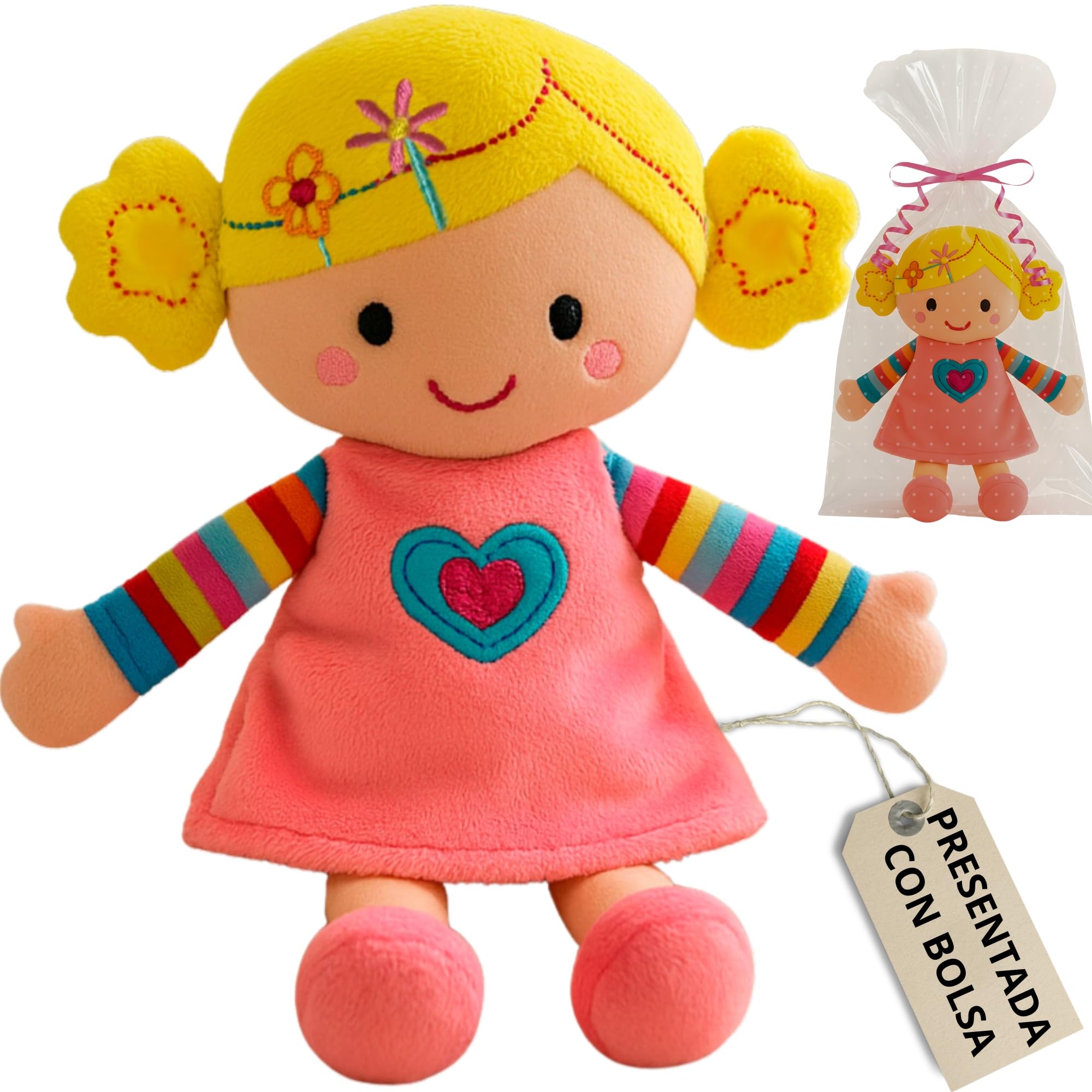 Peluchilandia Muñeca de Trapo para Niñas | Regalo Bebe 1 año | Muñecas para niñas 2 años y más | Tacto Muy Suave 25cm | Muñeca de Peluche Adorable y Blandita (Rosa)