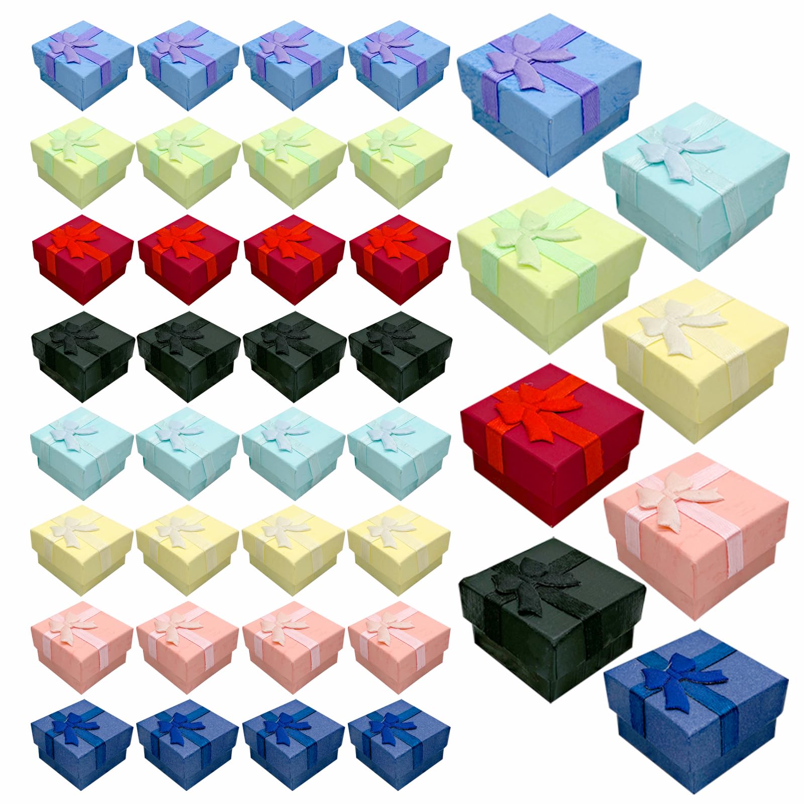Yauhar 40Pcs 8 Color 1.5” x1.5” Cardboard Gift Boxes with Bowknot Assortment Set, Small Empty Packaging Box with Lids for Weddings Birthdays Anniversaries Ring and Earring Displaying
