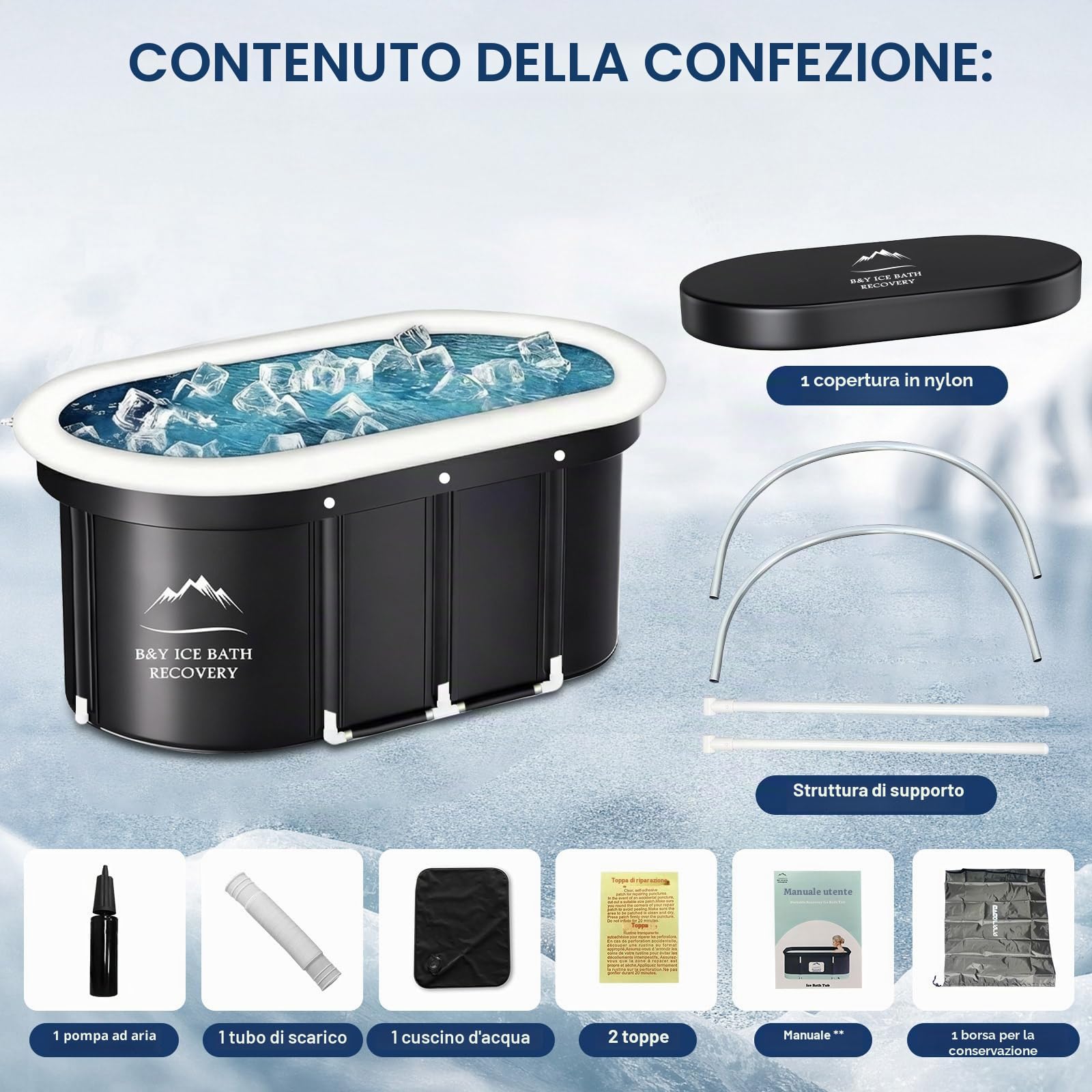 B&Y Bagno di ghiaccio ovale, pieghevole, per adulti, contenitore isolato, per interni ed esterni, terapia del freddo, per atleti, atleti e bagni freddi, per la casa (nero, 120 x 65 x 65 cm)