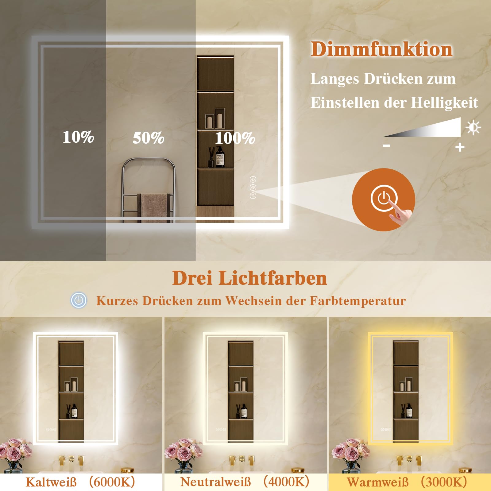 Badspiegel-mit-Beleuchtung 70x100cm: LED Badezimmer-Spiegel Badezimmerspiegel mit Bluetooth, Beschlagfrei, Touch-Schalter, 3 Lichtfarben Dimmbar Spiegel Bad für Badezimmer