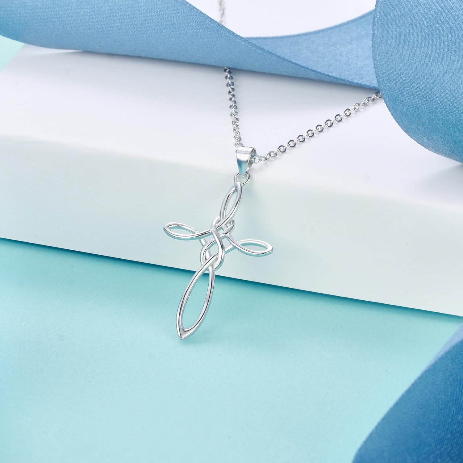 Celtic Cross Necklace Women, 925 Sterling Silver Knot Pendant Necklace, Irish Religious Jewelry for Wowen 21.2" - Image 3