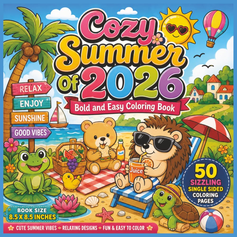 Cozy Summer Of 2026 Bold and Easy Coloring Book: 50 Single-Sided Sizzling Summer Coloring Pages Filled with Cozy Vacation Vibes, Sunny Scenes, Cute ... Chill Moments, and Easy-to-Color Designs