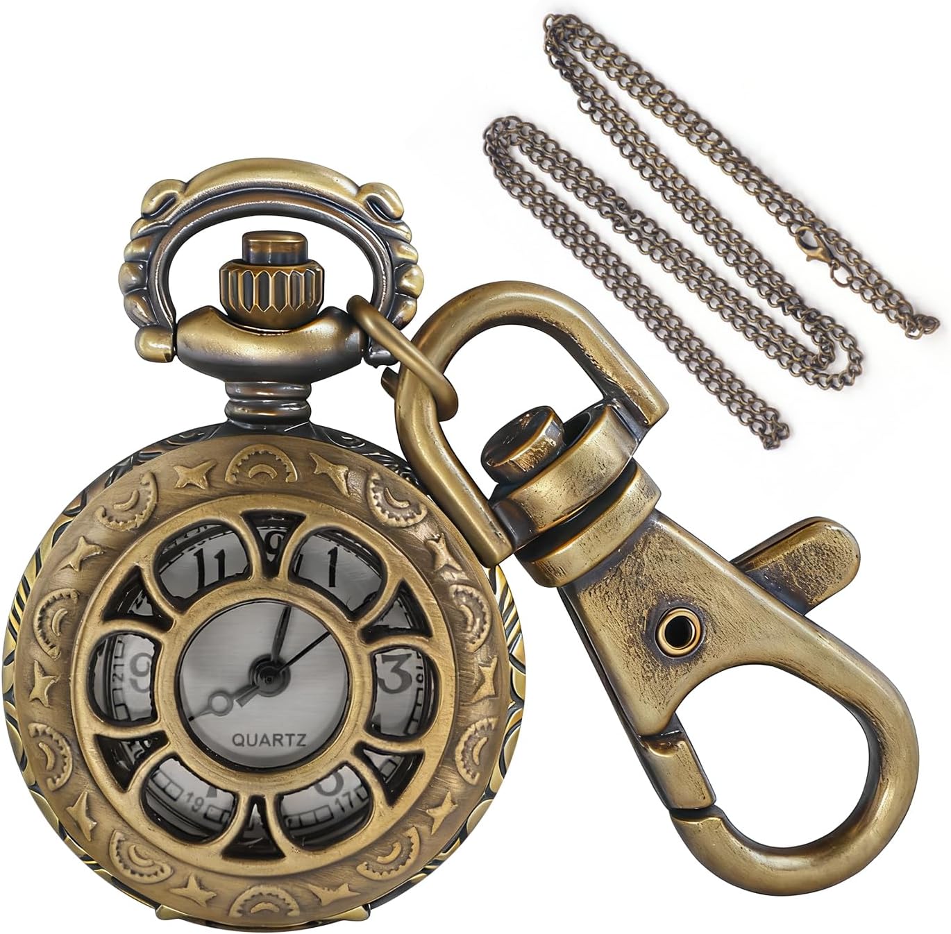 Tiong Vintage Bronze Unisex Mini Quartz Pocket Watch – Small Size with Keychain & Necklace Chain, Retro Neutral Watch Accessories Gift