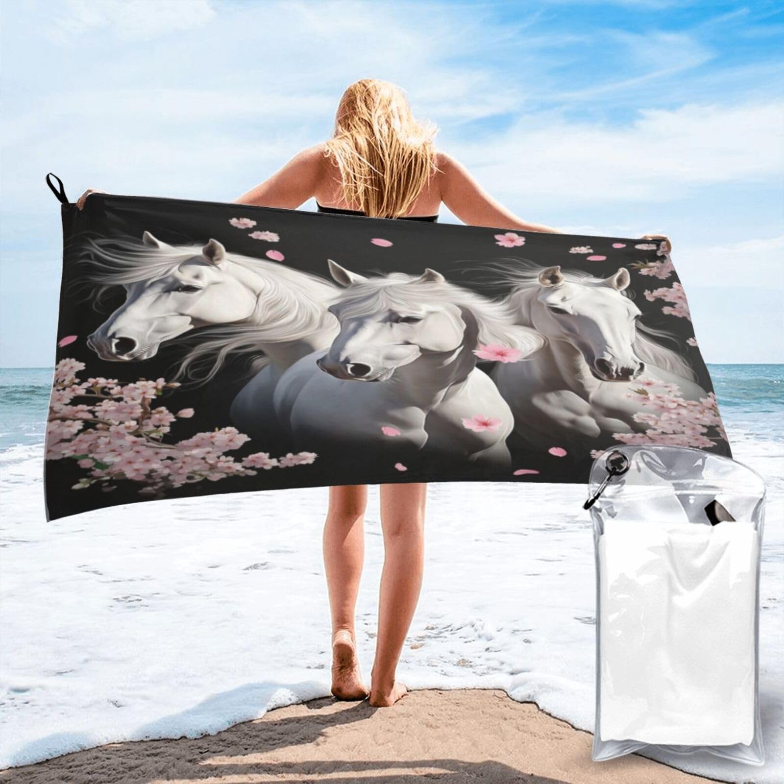Anceky Three White Horses Cherry Blossoms 00002 Quick Dry Microfiber Travel Towel with Carry Case and Carabiner 27.5"X55"