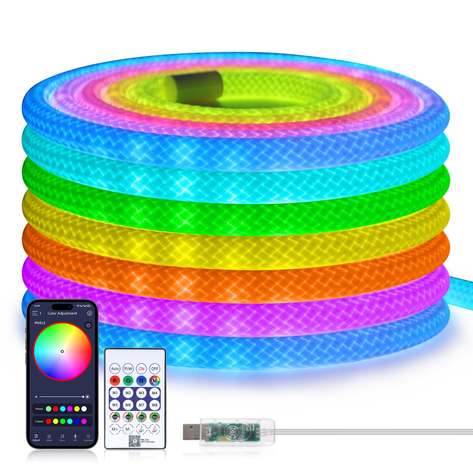 5V USB Bluetooth RGB Neon LED Streifen, 5M 360° illumination WS2812B Adressierbare Wasserdicht Diffusion Neon Flex LED Schlauch, Smart Phone Gesteuert, Mehreren Szenenmodi, Musiksync