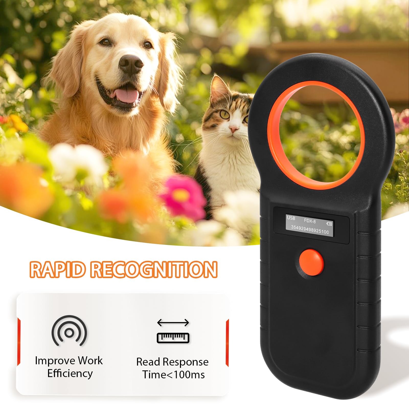 Chiplesegerät für Tiere, 128 Stück Tag-Informationsspeicher, Chiplesegerät für Hunde/Katze, RFID Mikrochip Lesegerät, 134,2KHz, ISO11784/85/HFDX-B/EMID