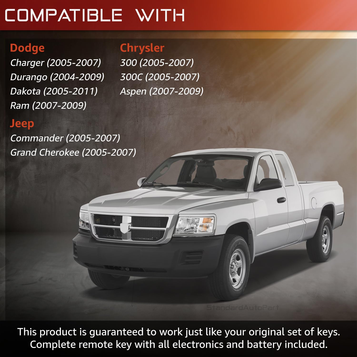 StandardAutoPart Telecomando di ricambio a 4 pulsanti compatibile con Dodge Dakota Ram Durango Charger Commander Grand Cherokee 300 KOBDT04A (chiave completa)
