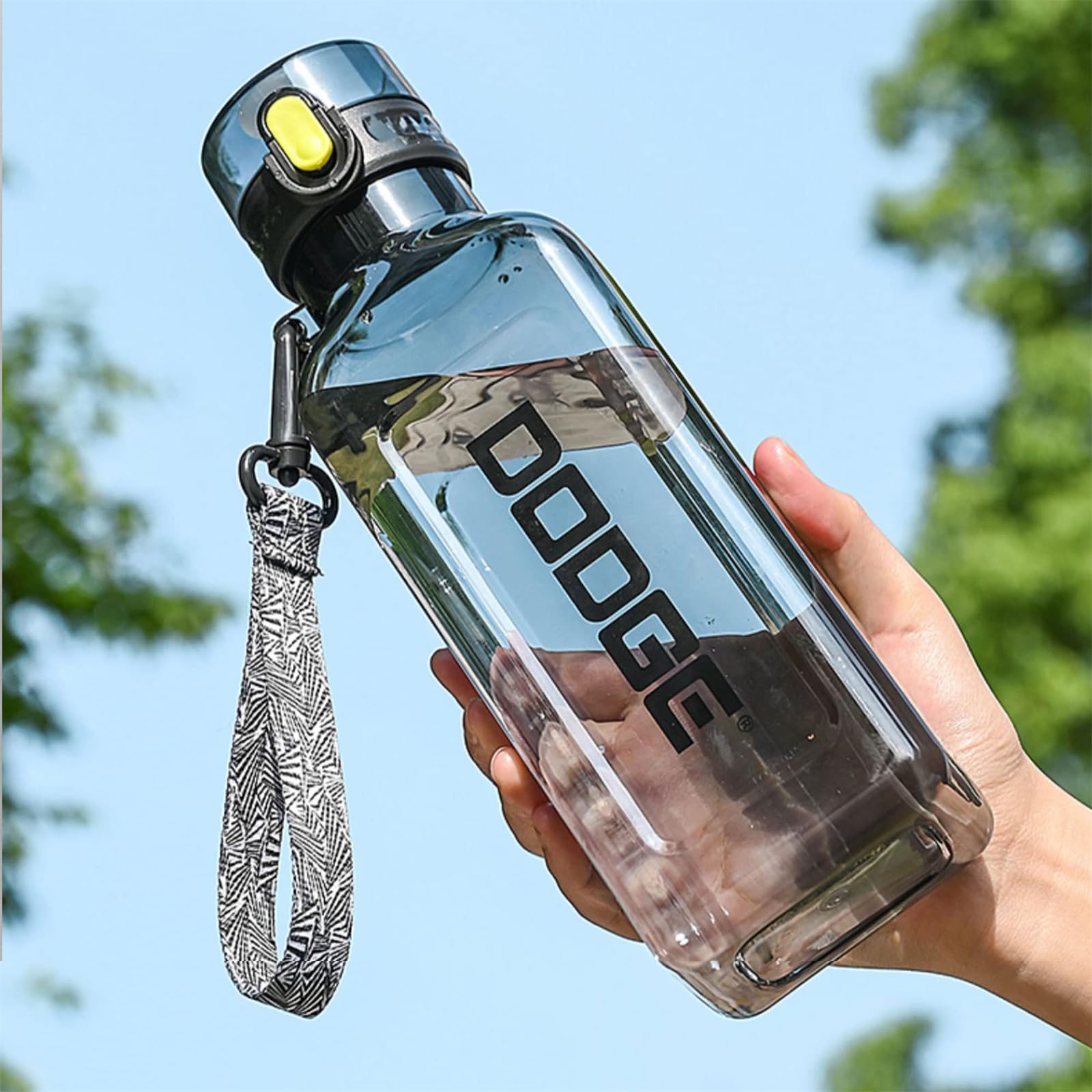 X Spring 1L Sports Water Bottle, Leak Proof Gym Bottle, BPA Free, Transparent Square, Portable for Camping, Outdoor Sports (Black)
