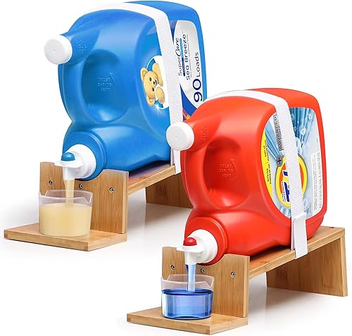 Juego de 2 soportes de detergente de bambú para ropa y bandeja de goteo para organización de lavandería, dispensador de suavizante de ropa en ángulo