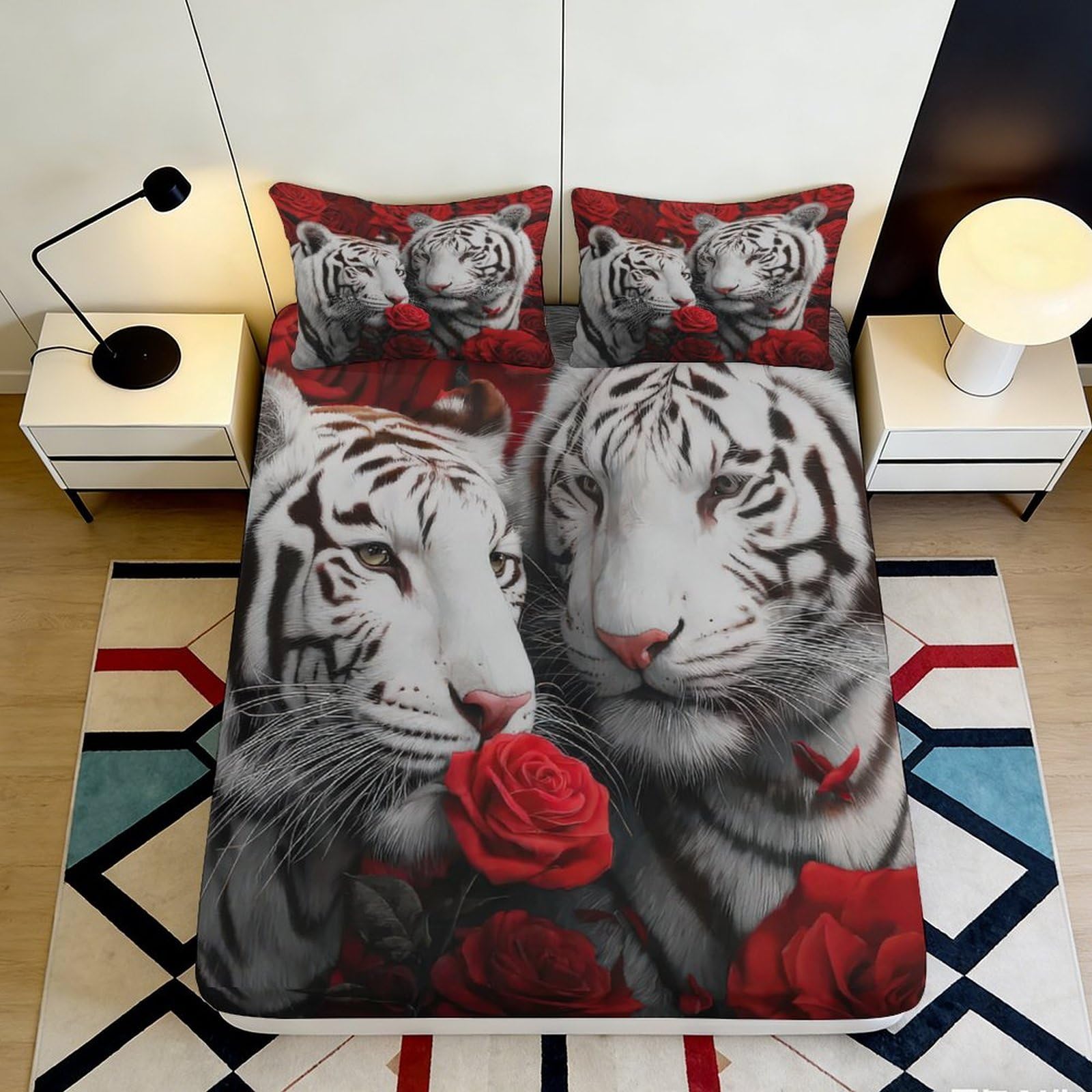 Pnayamiorkfel Style-5 3D Printed White Tiger Rose Fitted Sheet Microfiber Soft Decorative Bed Cover For Bedroom Dorm Guest Room Mattress Protection 90X200x25cm