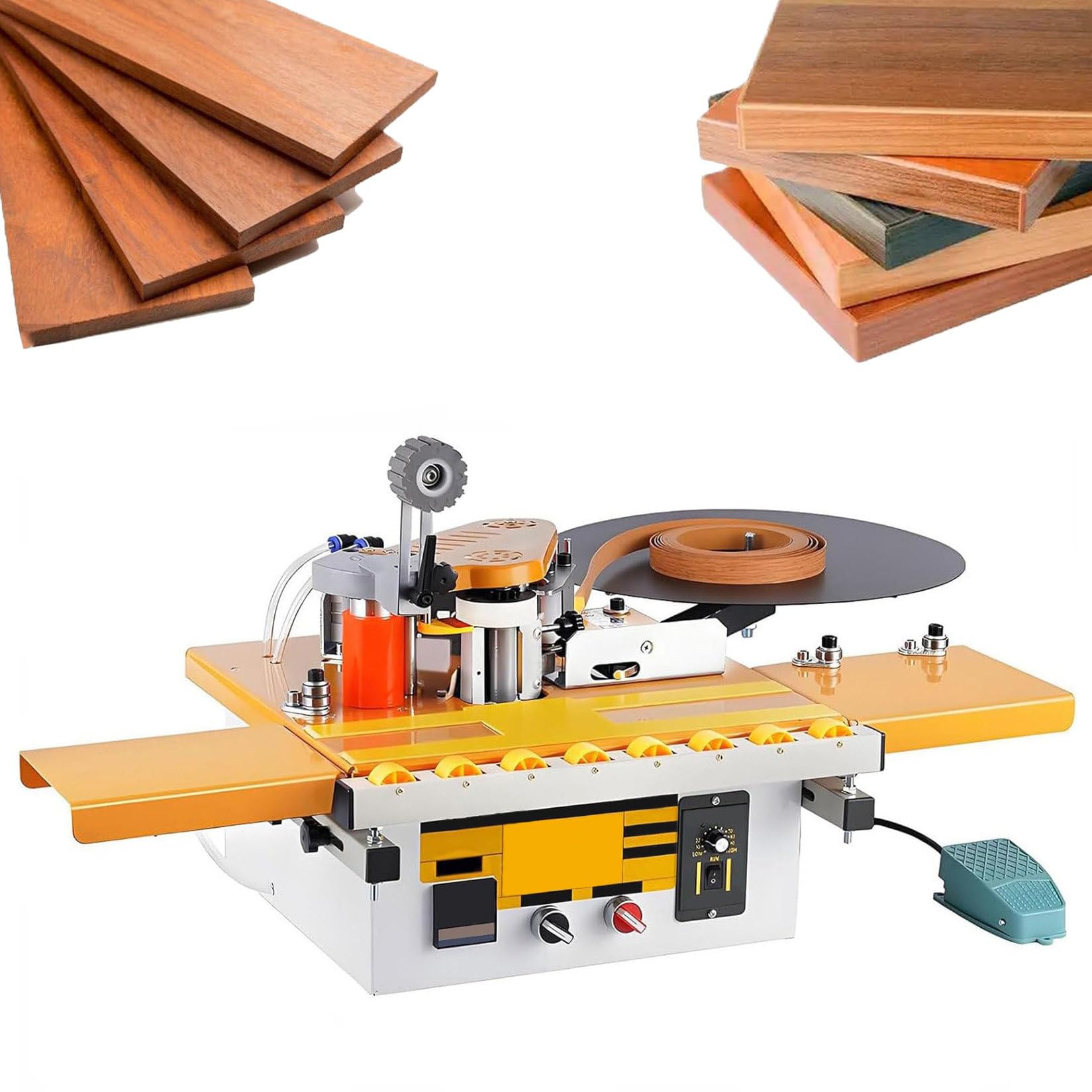 Máquina de bandas de bordes automática para madera con pegado doble cara versión alargada