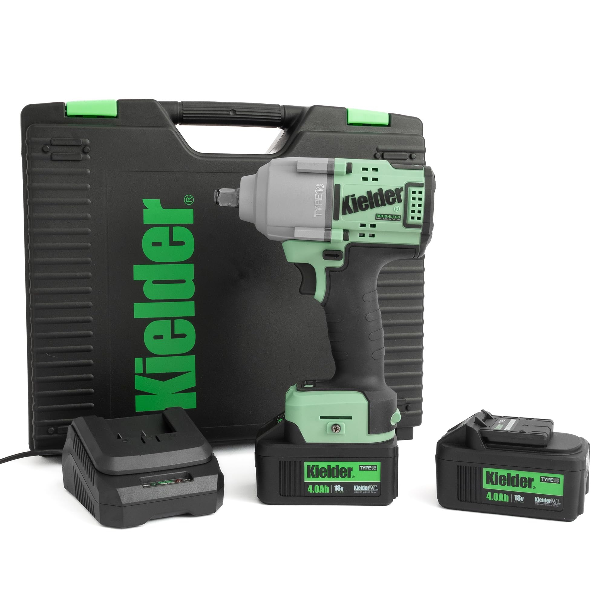 Kielder KWT-180-02 - Kit avvitatore a impulsi senza spazzole senza fili, 1/2", 850 Nm, 2 batterie agli ioni di litio da 4,0 Ah TYPE18, caricabatterie e custodia