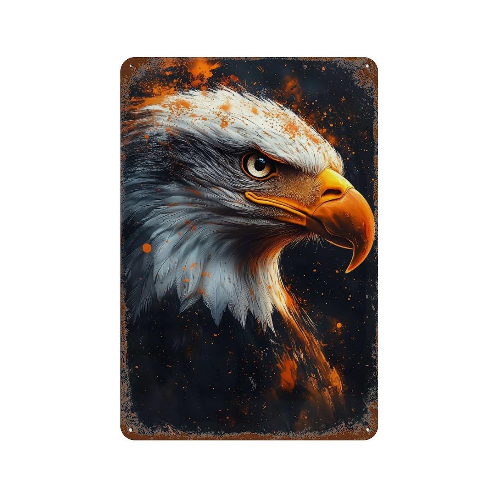Eagle Portrait with Orange Splatter 11.8"x7.9" Decorative Tin Sign, Retro Wall Decor for Bistro, Counter And Cafe Decor